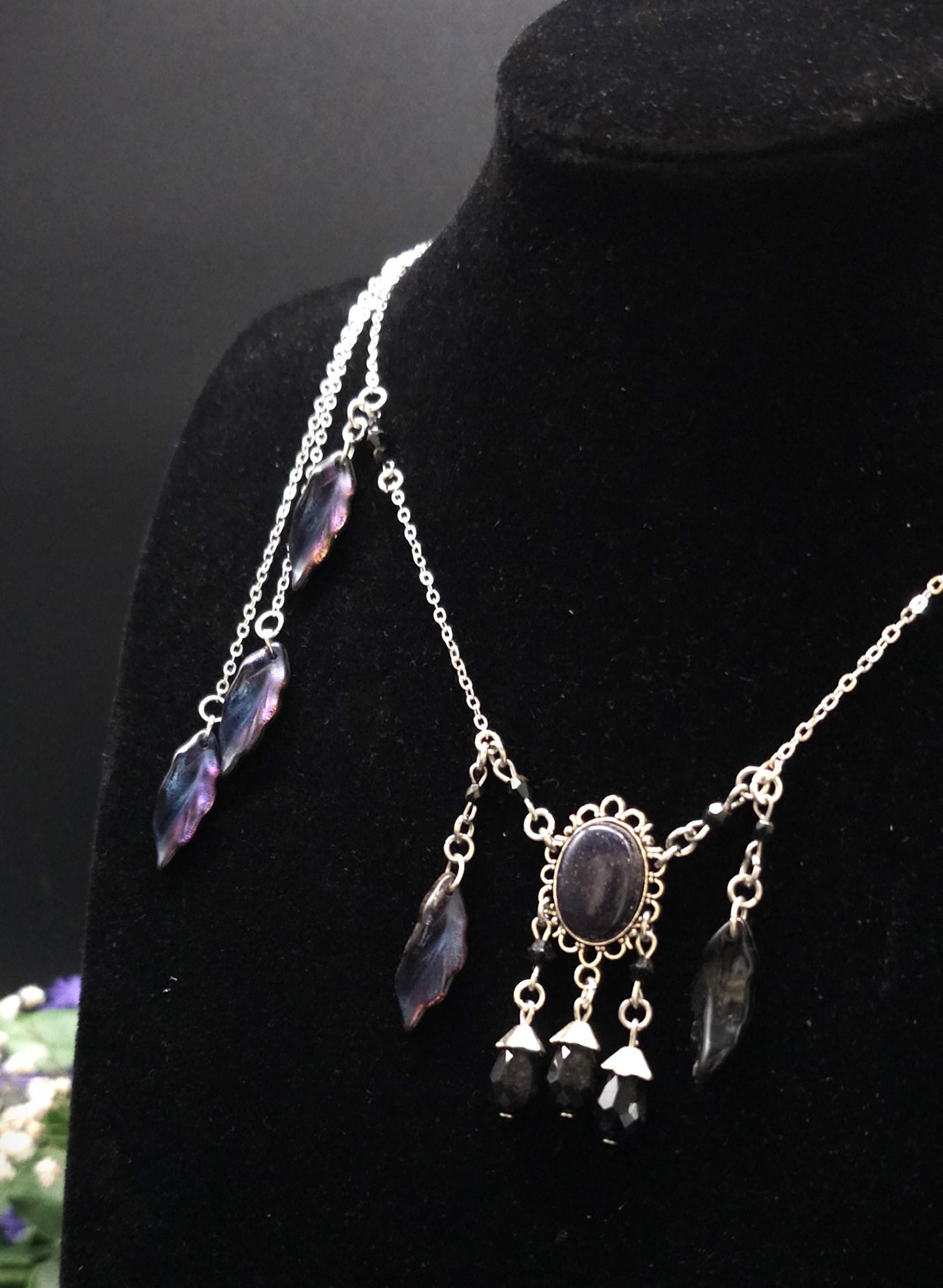 Elfen Halskette mit Blaufluss Cabochon ~ Fantasy Headpiece Silber ~ Blatt Schmuck ~ LARP Accessoire ~ Dark Fairy Necklace