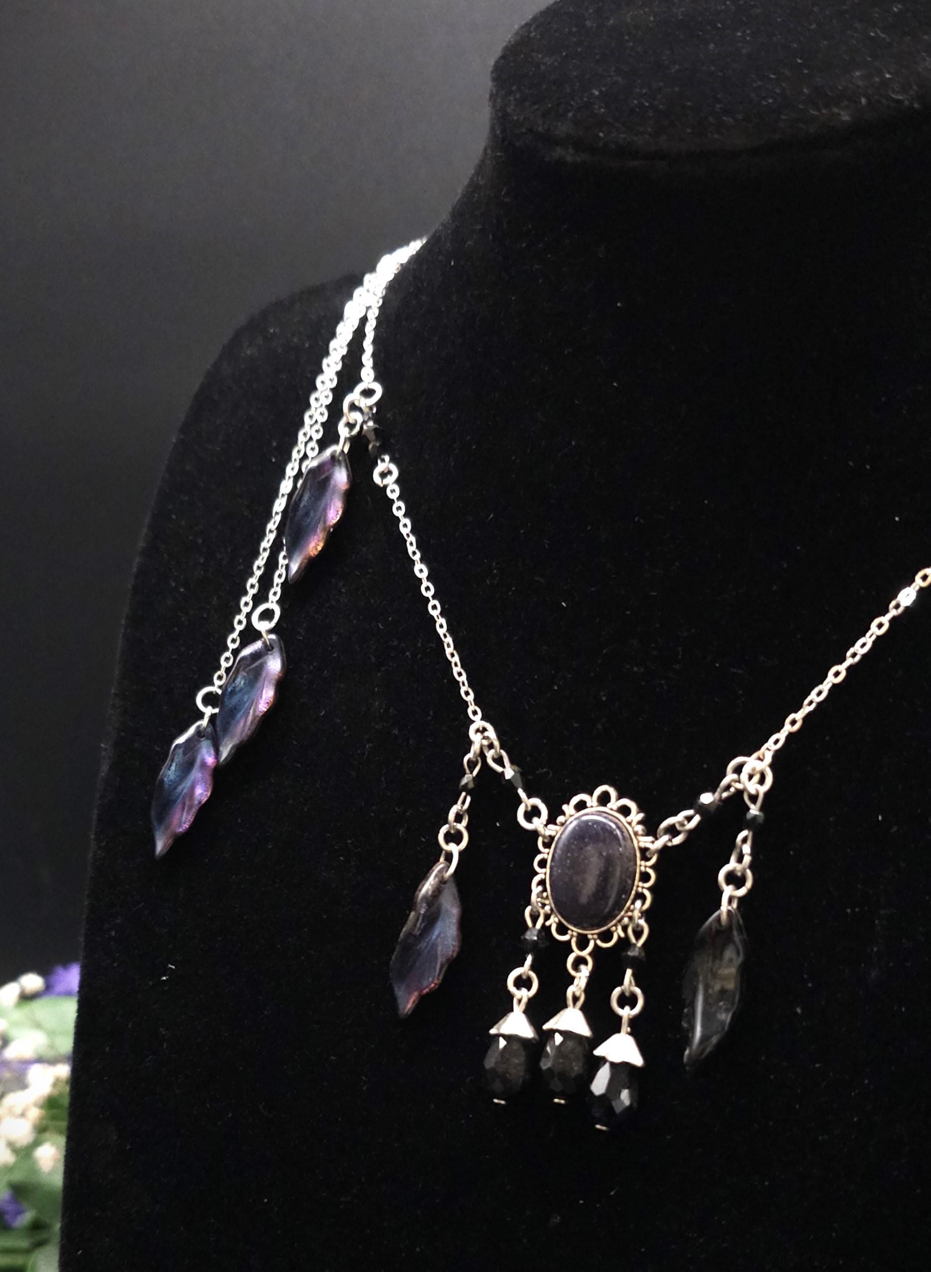 Elfen Halskette mit Blaufluss Cabochon ~ Fantasy Headpiece Silber ~ Blatt Schmuck ~ LARP Accessoire ~ Dark Fairy Necklace