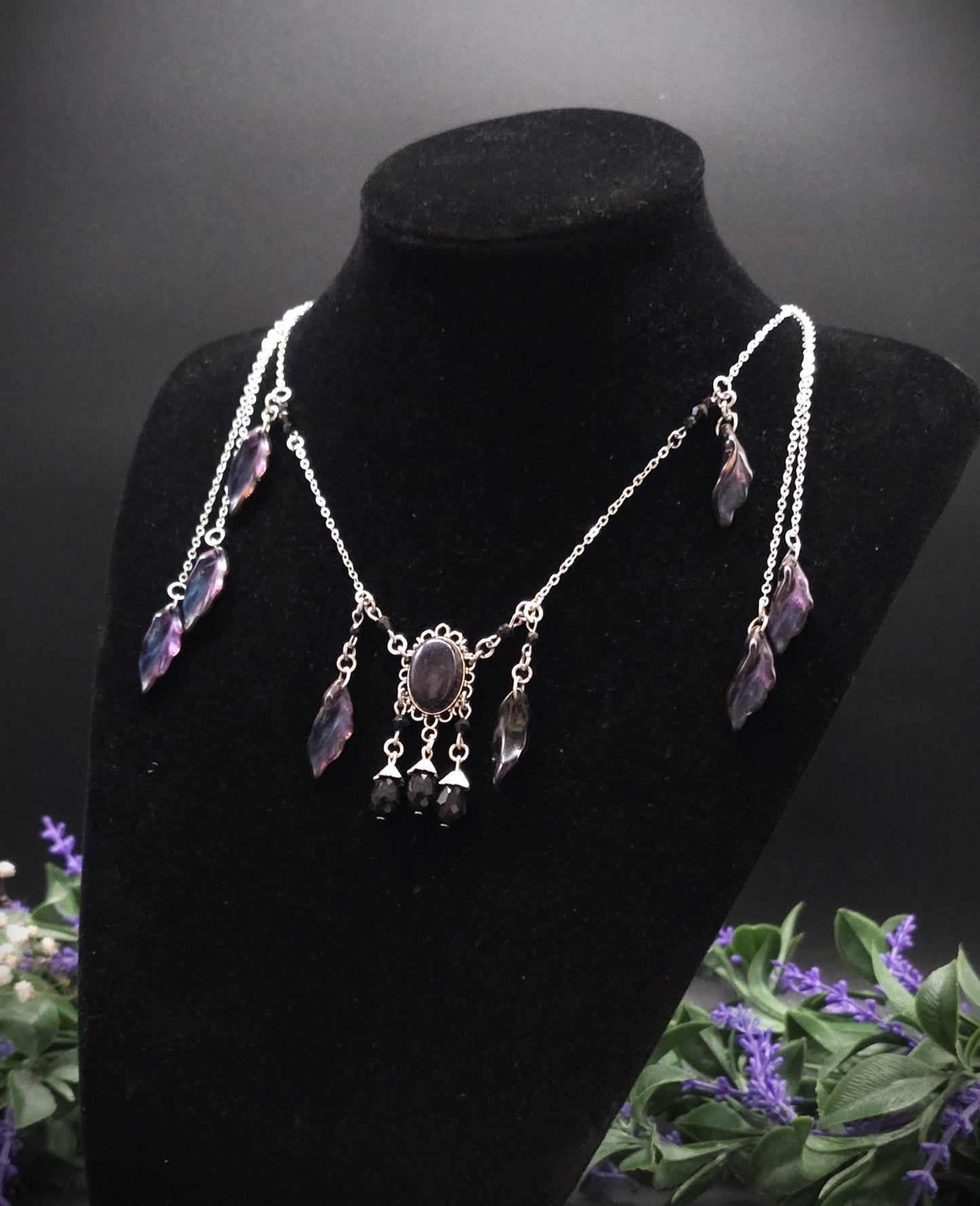 Elfen Halskette mit Blaufluss Cabochon ~ Fantasy Headpiece Silber ~ Blatt Schmuck ~ LARP Accessoire ~ Dark Fairy Necklace