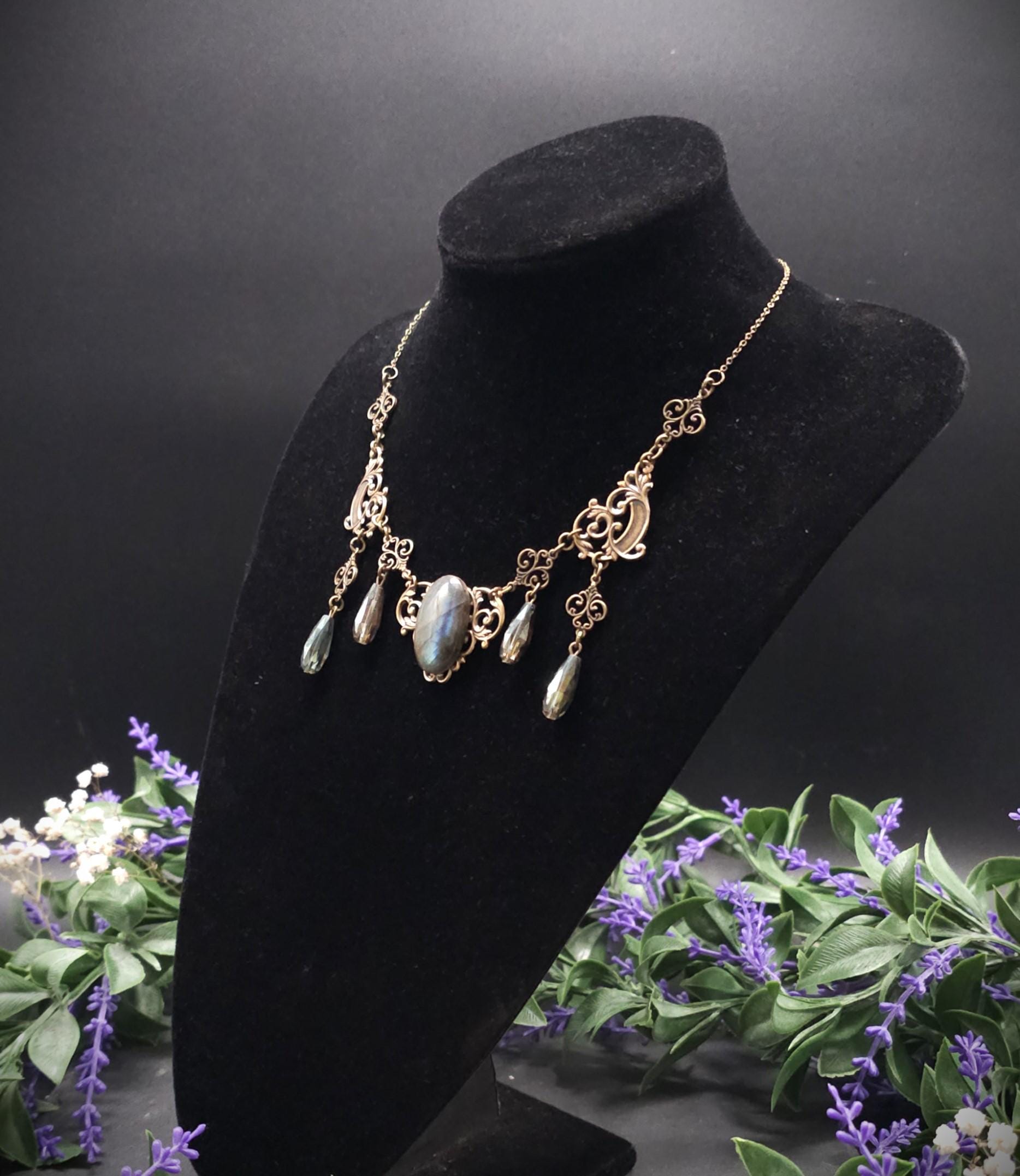 Art Nouveau Labradorit Halskette Bronze ~ Fantasy Collier mit facettierten Tropfen ~ Elfen Schmuck ~ Größenverstellbar