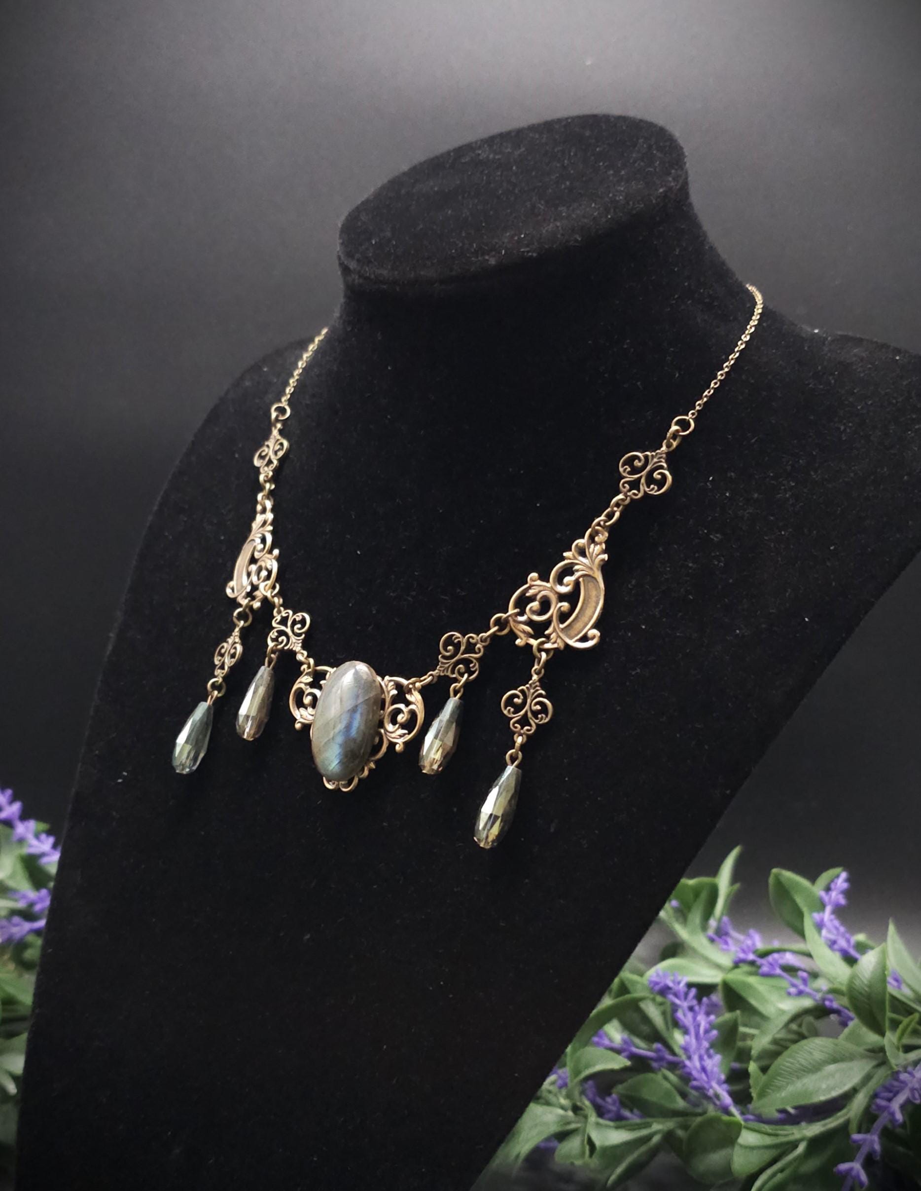 Art Nouveau Labradorit Halskette Bronze ~ Fantasy Collier mit facettierten Tropfen ~ Elfen Schmuck ~ Größenverstellbar