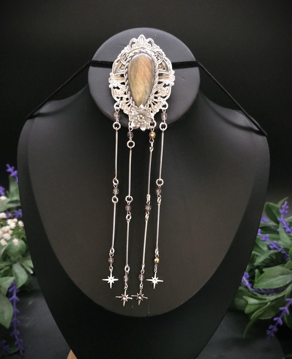 Art Nouveau Brosche mit Labradorit ~ Fantasy Schmuck ~ Elfen Brosche ~ LARP Accessoire