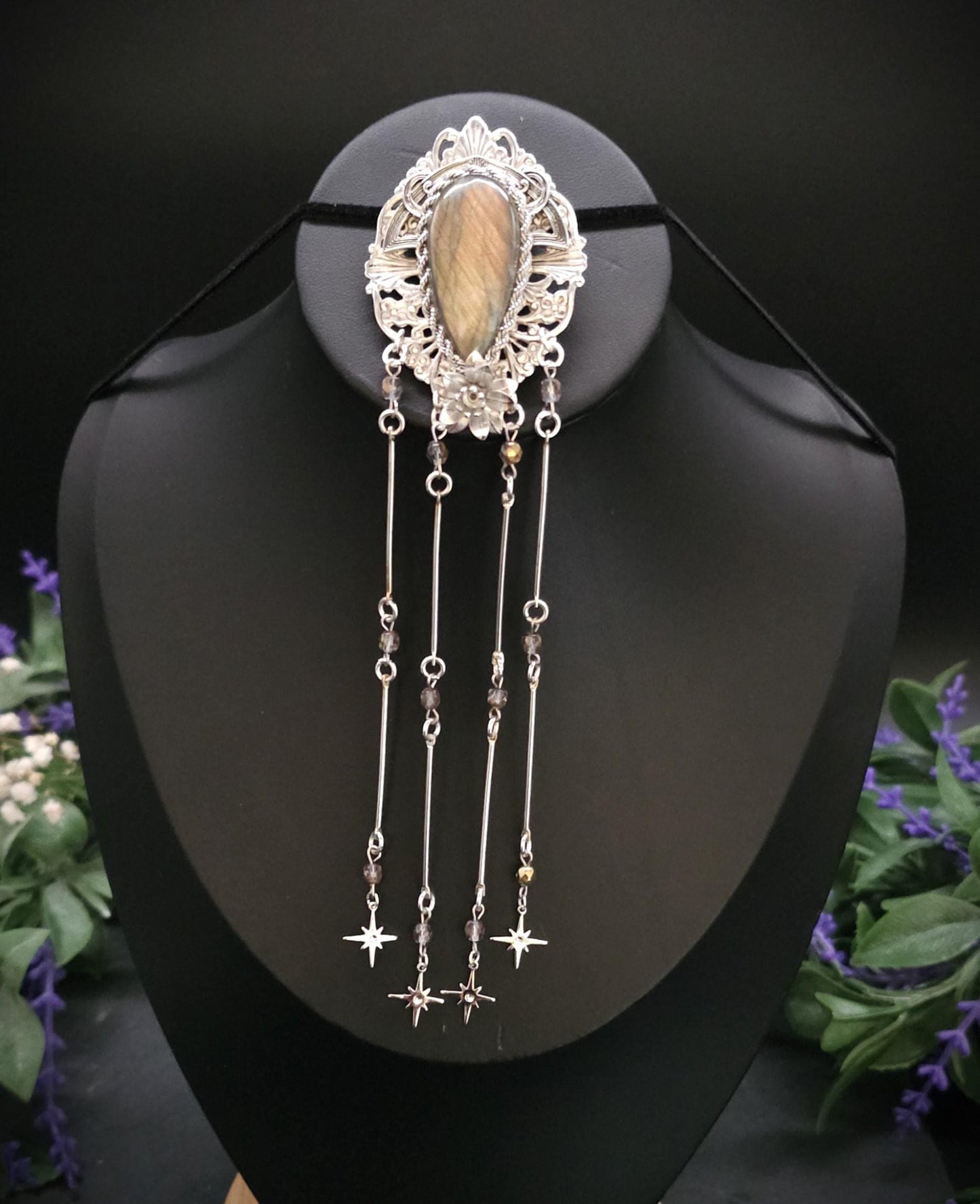 Art Nouveau Brosche mit Labradorit ~ Fantasy Schmuck ~ Elfen Brosche ~ LARP Accessoire