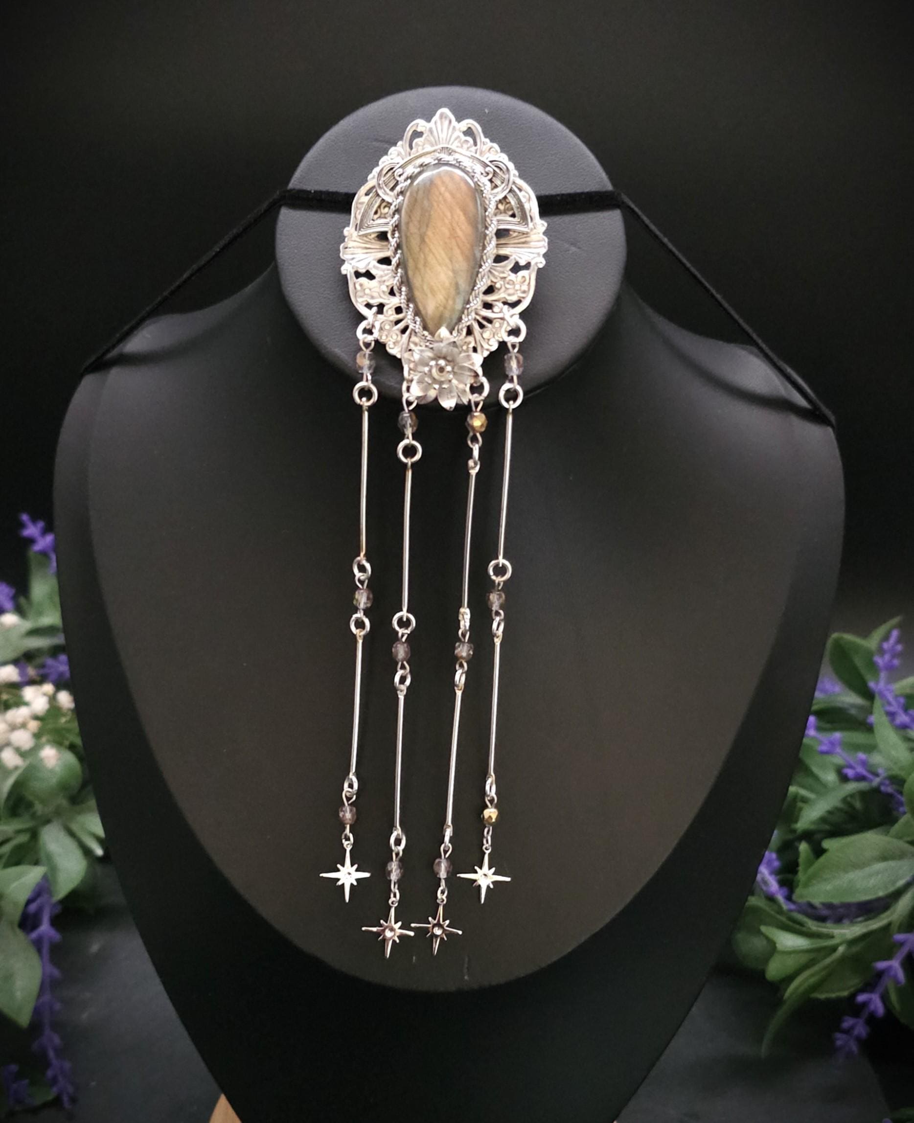 Art Nouveau Brosche mit Labradorit ~ Fantasy Schmuck ~ Elfen Brosche ~ LARP Accessoire