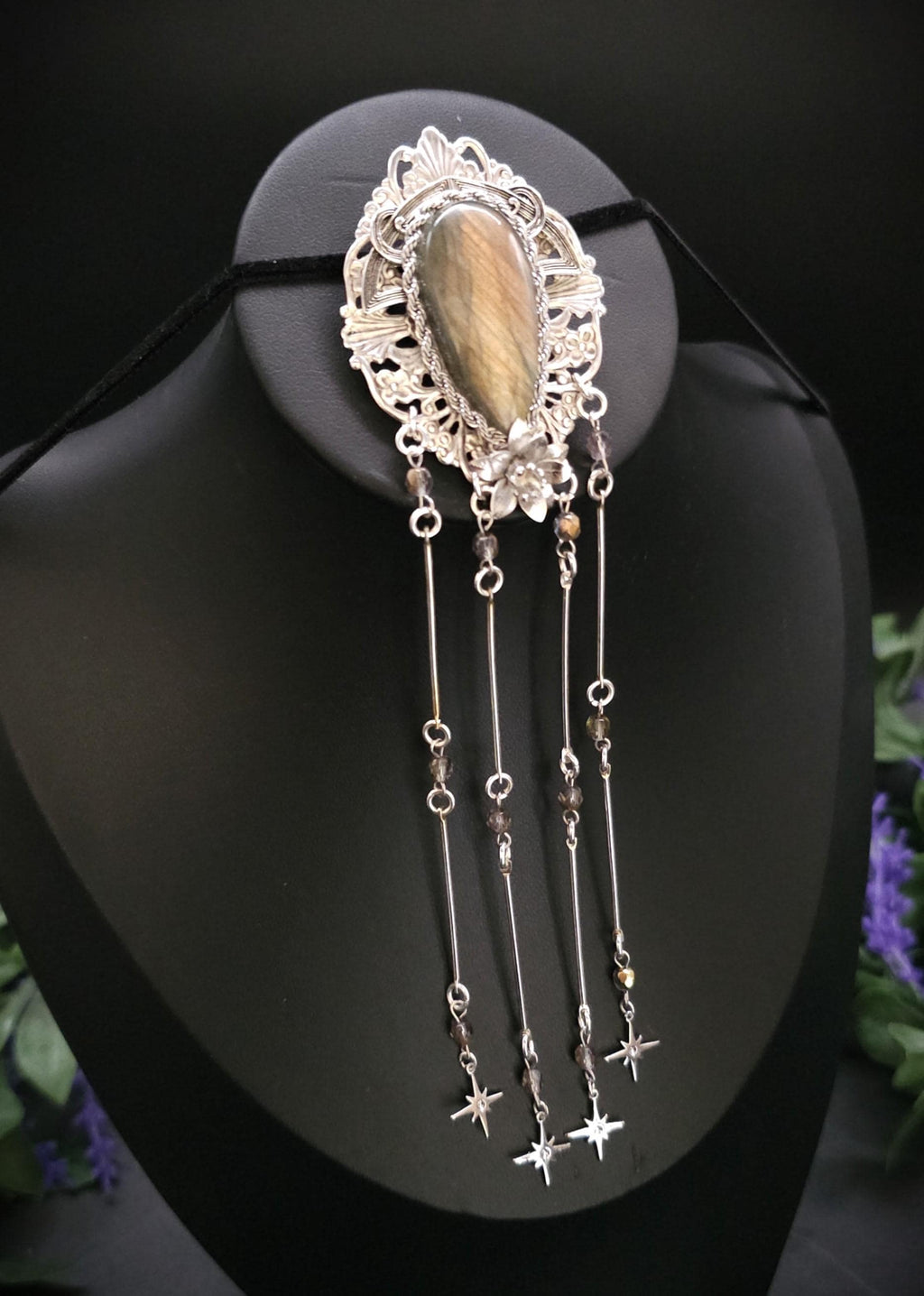 Art Nouveau Brosche mit Labradorit ~ Fantasy Schmuck ~ Elfen Brosche ~ LARP Accessoire