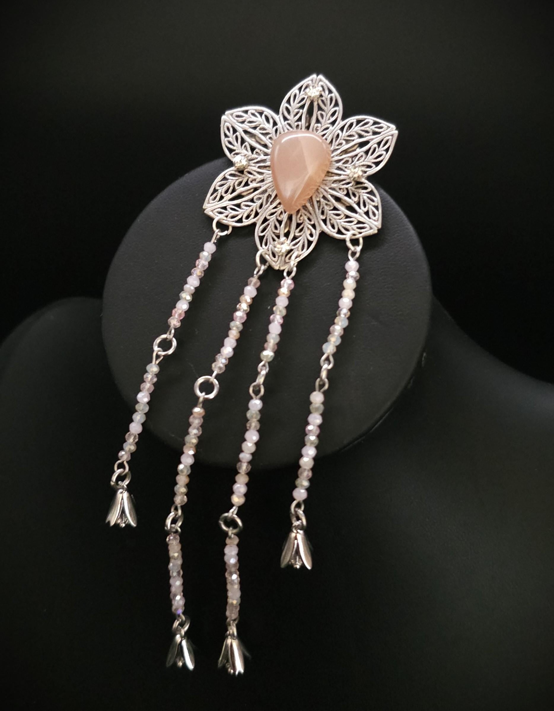 Pfirsich Mondstein Brosche ~ Art Nouveau–Blüten Pin ~ Elfen Schmuck ~ Fantasy Gewandschmuck ~ LARP Accessoire