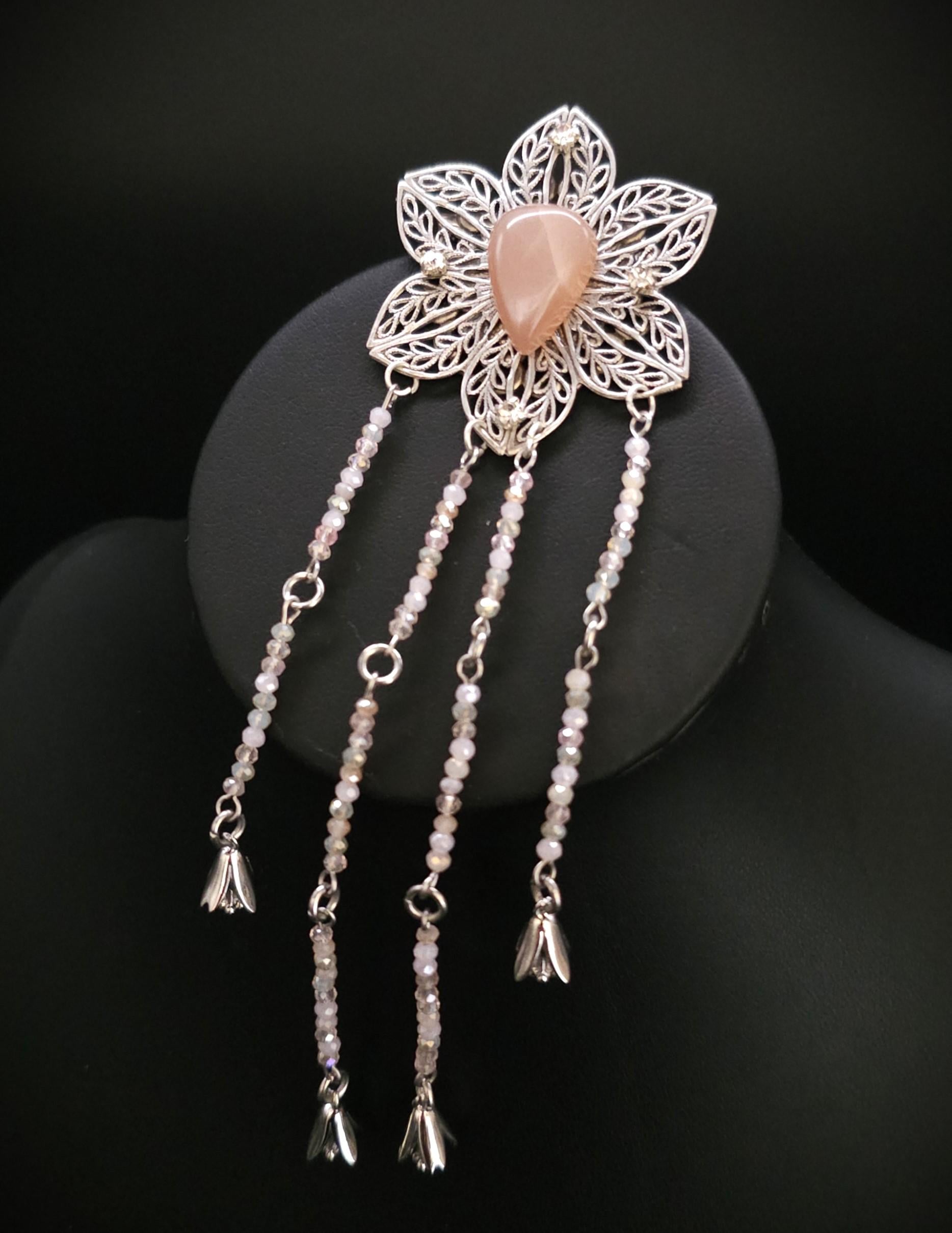 Pfirsich Mondstein Brosche ~ Art Nouveau–Blüten Pin ~ Elfen Schmuck ~ Fantasy Gewandschmuck ~ LARP Accessoire
