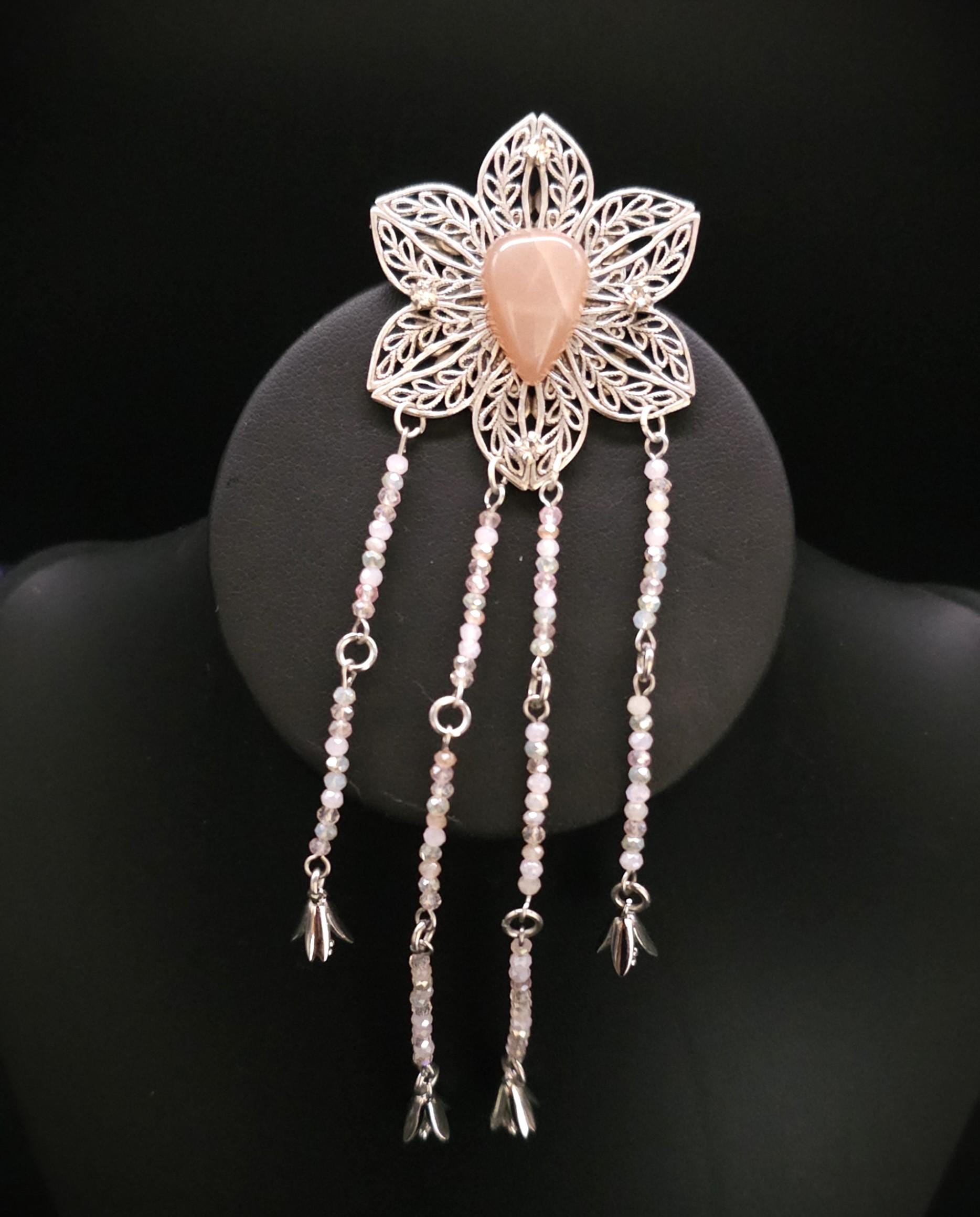 Pfirsich Mondstein Brosche ~ Art Nouveau–Blüten Pin ~ Elfen Schmuck ~ Fantasy Gewandschmuck ~ LARP Accessoire