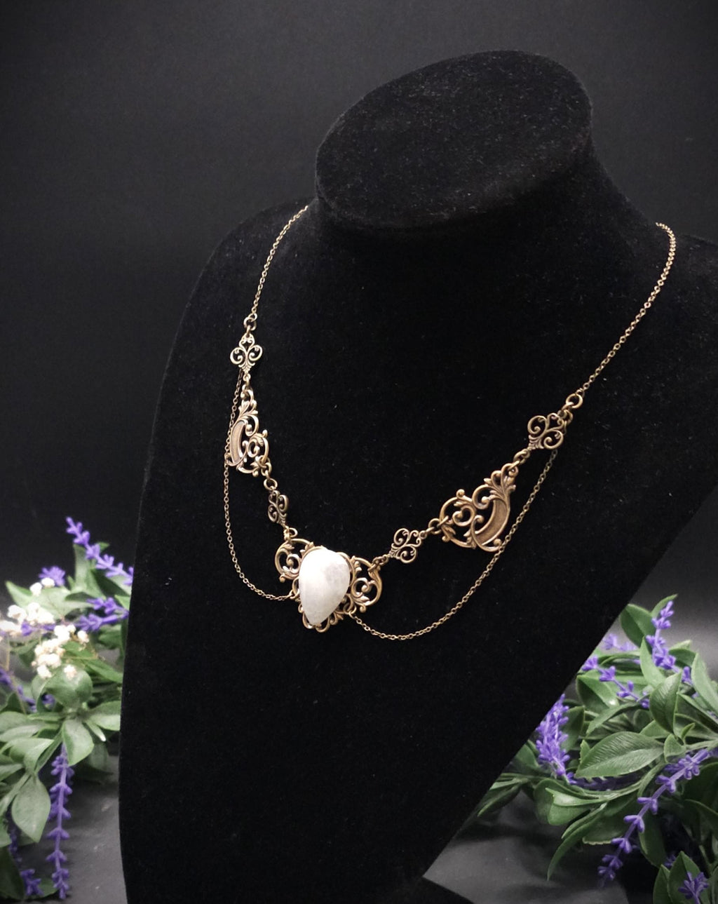 Art Nouveau Mondstein Halskette ~ filigrane Mond Kette ~ Jugendstil Collier ~ Größenverstellbar ~