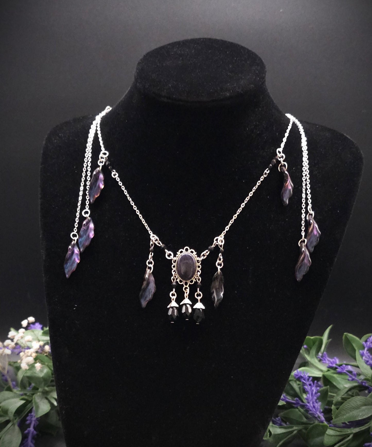 Elfen Halskette mit Blaufluss Cabochon ~ Fantasy Headpiece Silber ~ Blatt Schmuck ~ LARP Accessoire ~ Dark Fairy Necklace