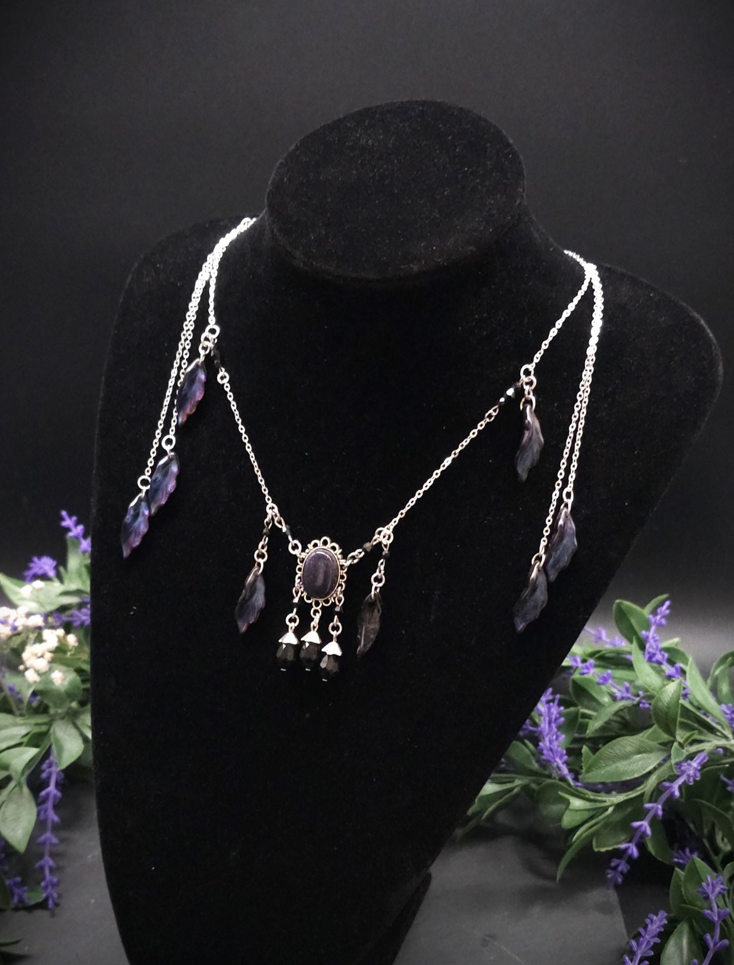 Elfen Halskette mit Blaufluss Cabochon ~ Fantasy Headpiece Silber ~ Blatt Schmuck ~ LARP Accessoire ~ Dark Fairy Necklace