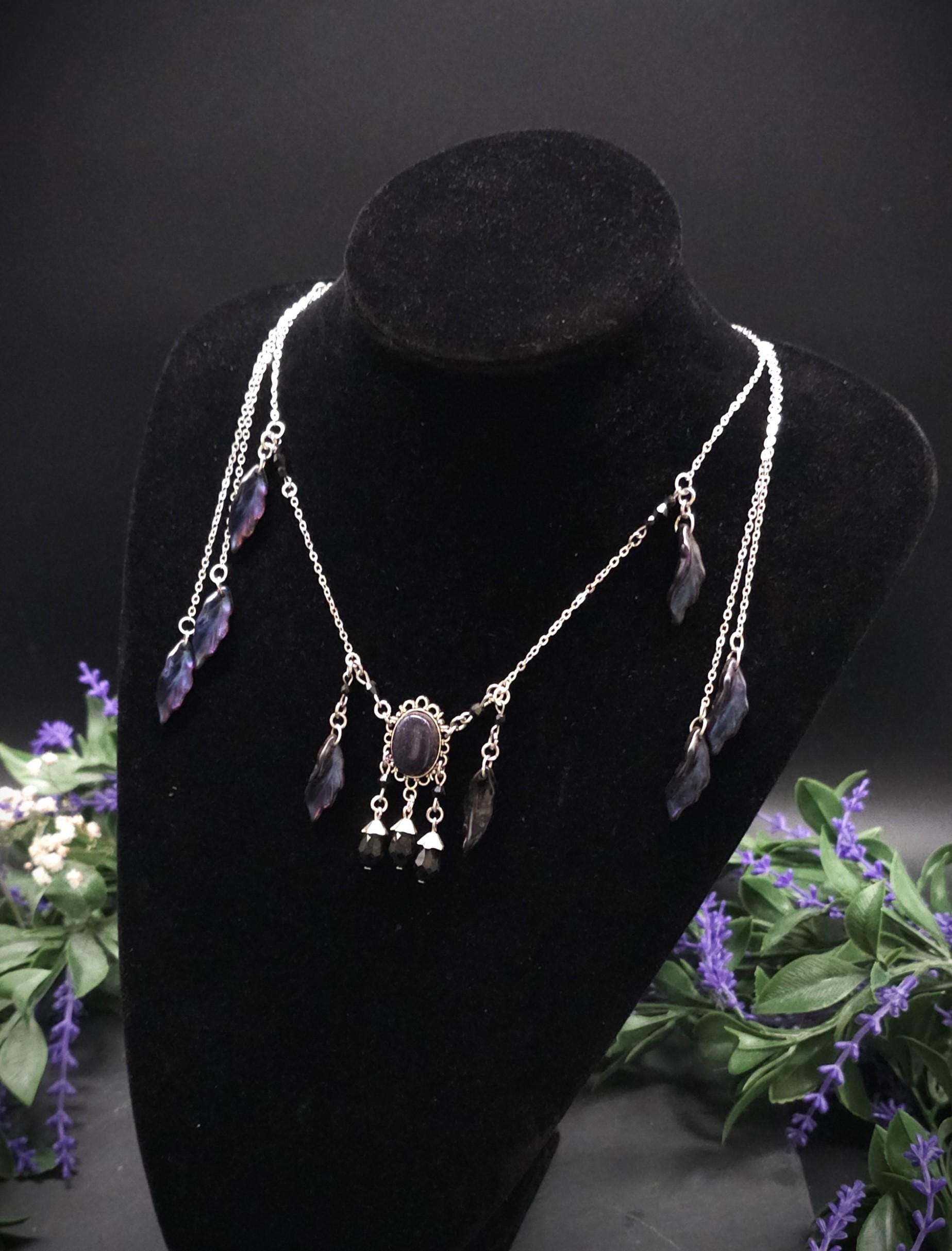 Elfen Halskette mit Blaufluss Cabochon ~ Fantasy Headpiece Silber ~ Blatt Schmuck ~ LARP Accessoire ~ Dark Fairy Necklace