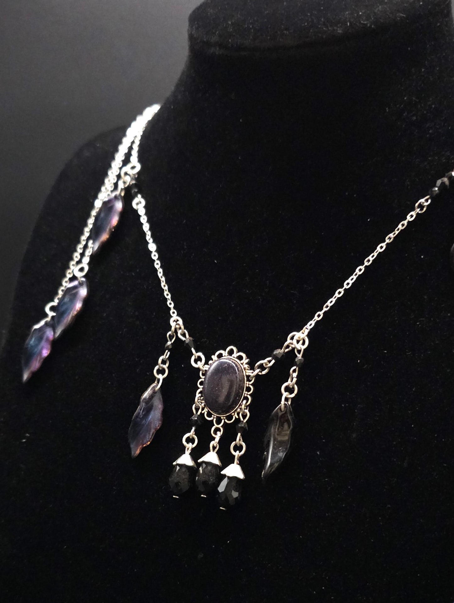 Elfen Halskette mit Blaufluss Cabochon ~ Fantasy Headpiece Silber ~ Blatt Schmuck ~ LARP Accessoire ~ Dark Fairy Necklace
