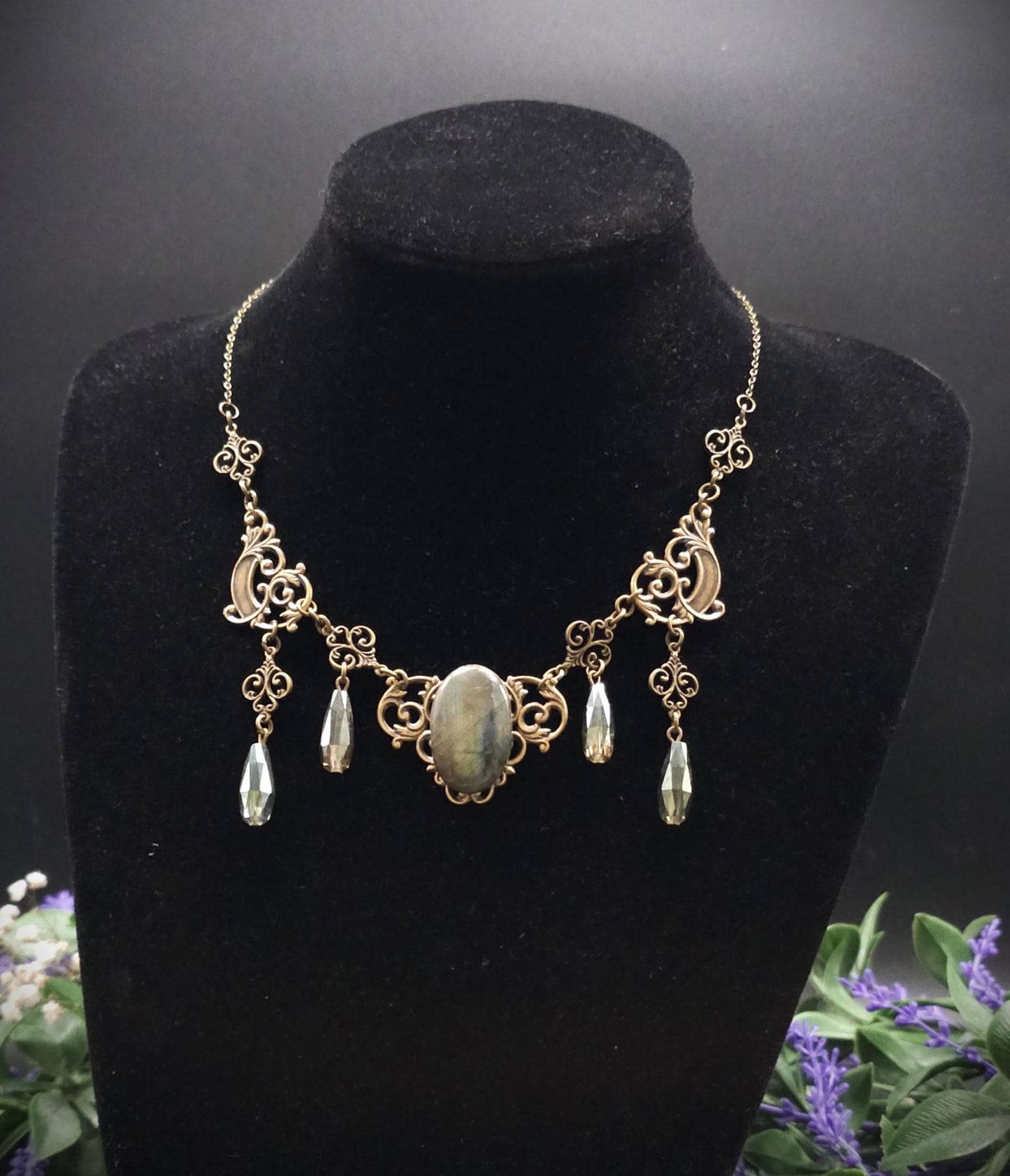 Art Nouveau Labradorit Halskette Bronze ~ Fantasy Collier mit facettierten Tropfen ~ Elfen Schmuck ~ Größenverstellbar