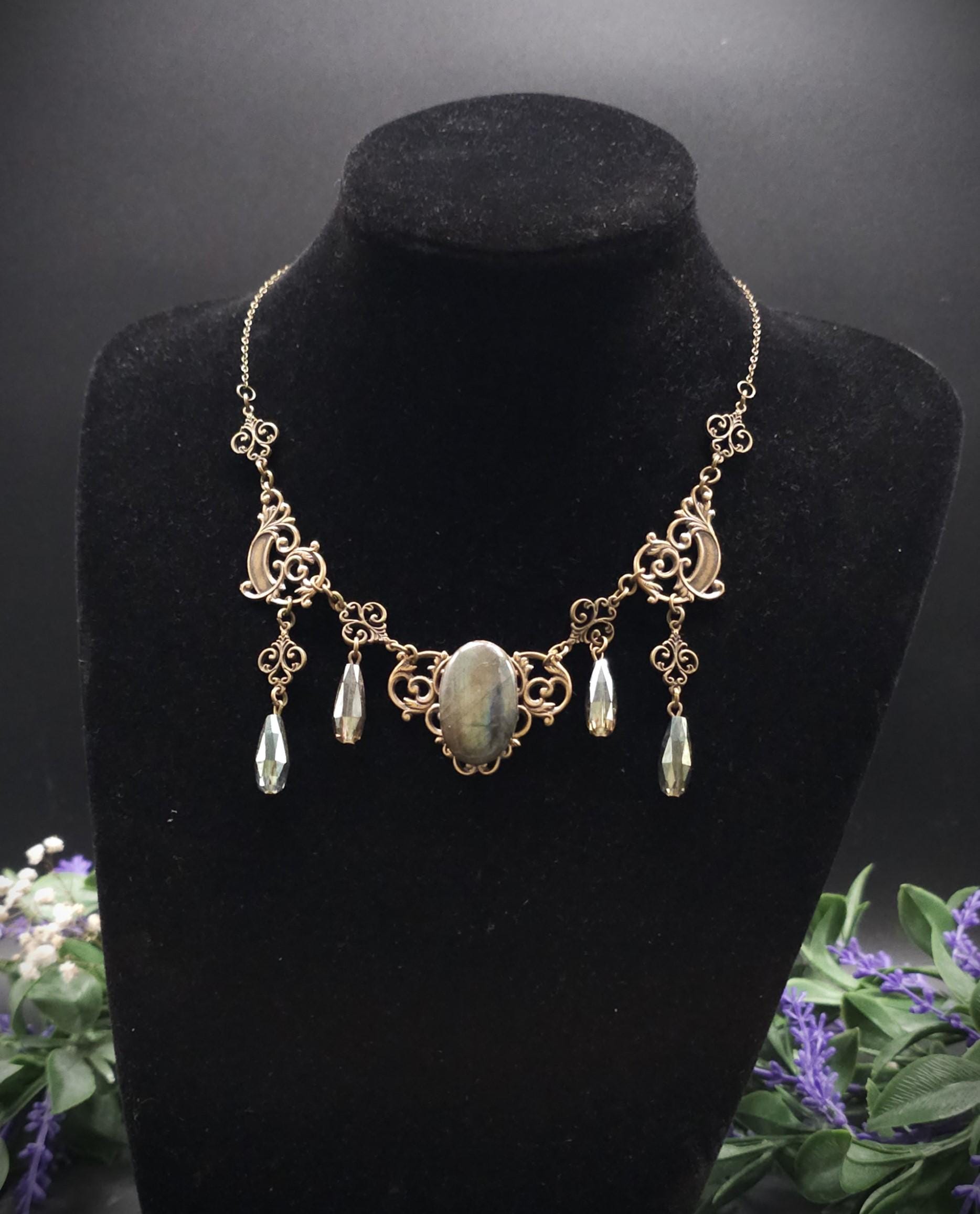 Art Nouveau Labradorit Halskette Bronze ~ Fantasy Collier mit facettierten Tropfen ~ Elfen Schmuck ~ Größenverstellbar