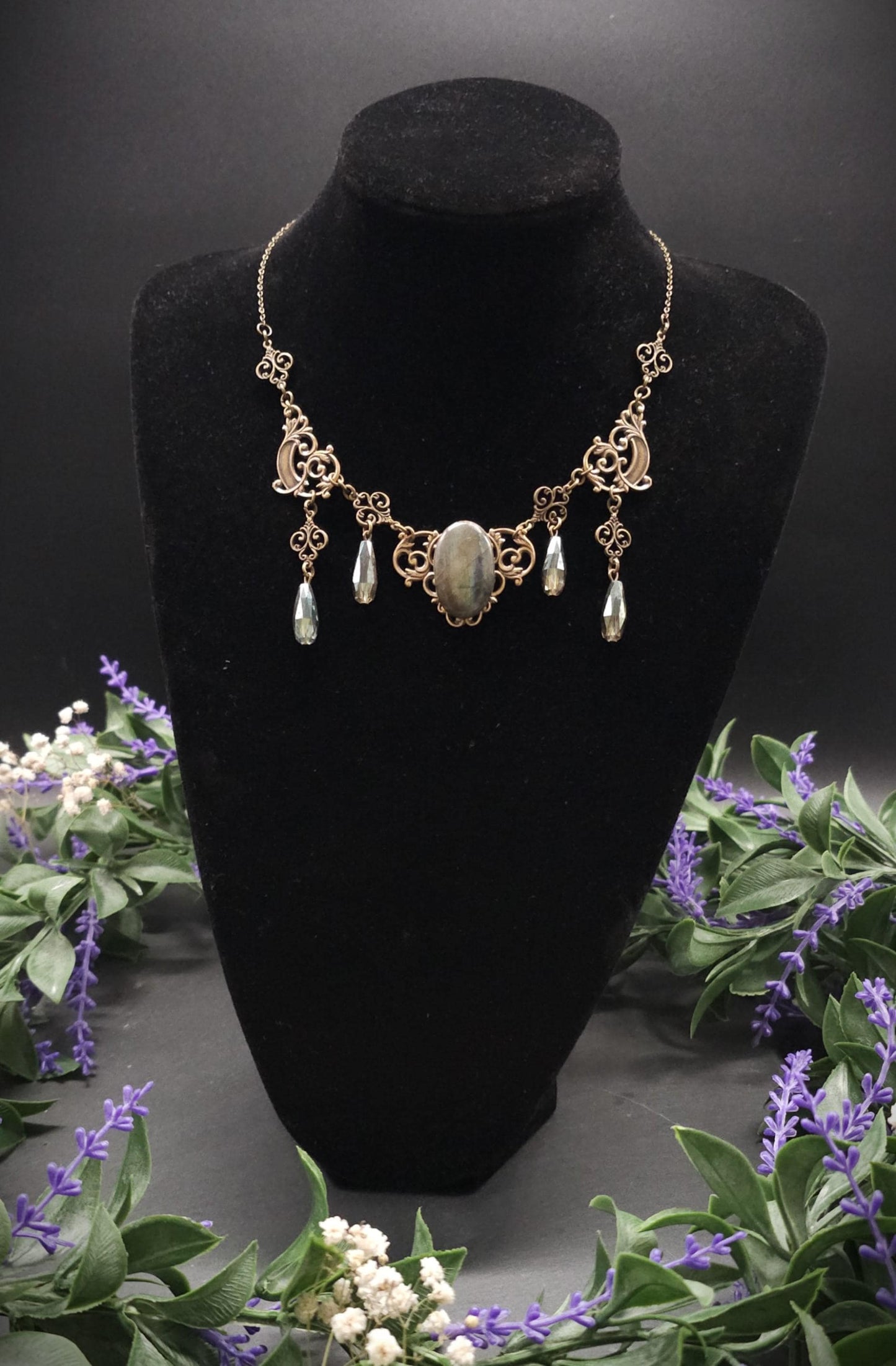 Art Nouveau Labradorit Halskette Bronze ~ Fantasy Collier mit facettierten Tropfen ~ Elfen Schmuck ~ Größenverstellbar