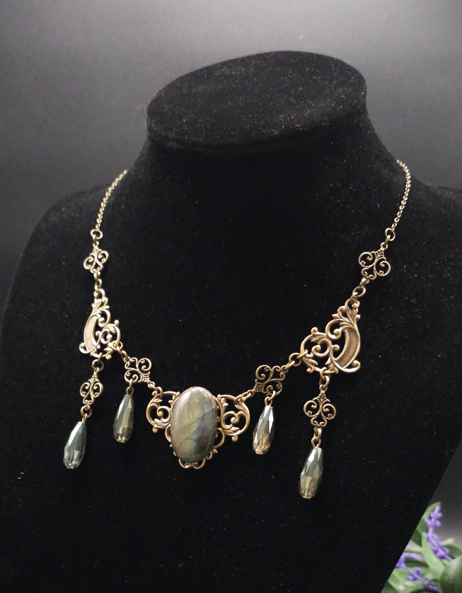 Art Nouveau Labradorit Halskette Bronze ~ Fantasy Collier mit facettierten Tropfen ~ Elfen Schmuck ~ Größenverstellbar