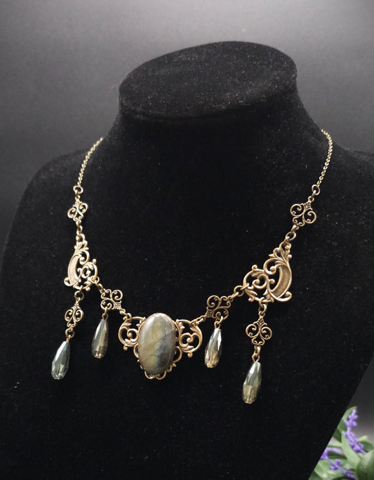 Art Nouveau Labradorit Halskette Bronze ~ Fantasy Collier mit facettierten Tropfen ~ Elfen Schmuck ~ Größenverstellbar