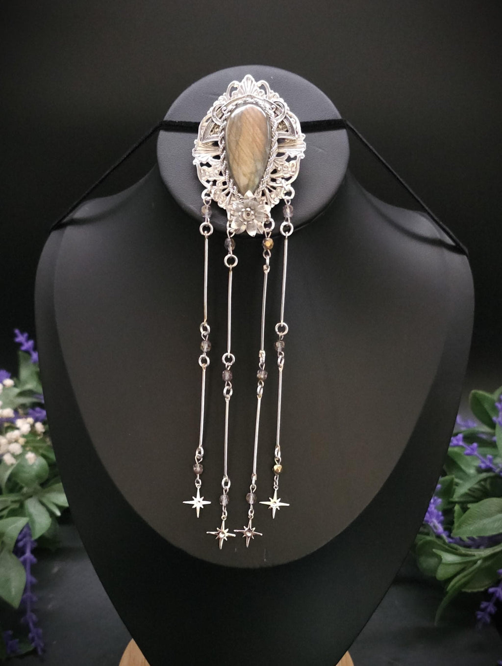 Art Nouveau Brosche mit Labradorit ~ Fantasy Schmuck ~ Elfen Brosche ~ LARP Accessoire