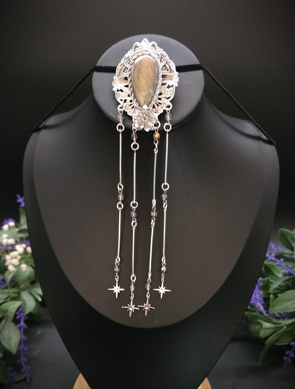 Art Nouveau Brosche mit Labradorit ~ Fantasy Schmuck ~ Elfen Brosche ~ LARP Accessoire