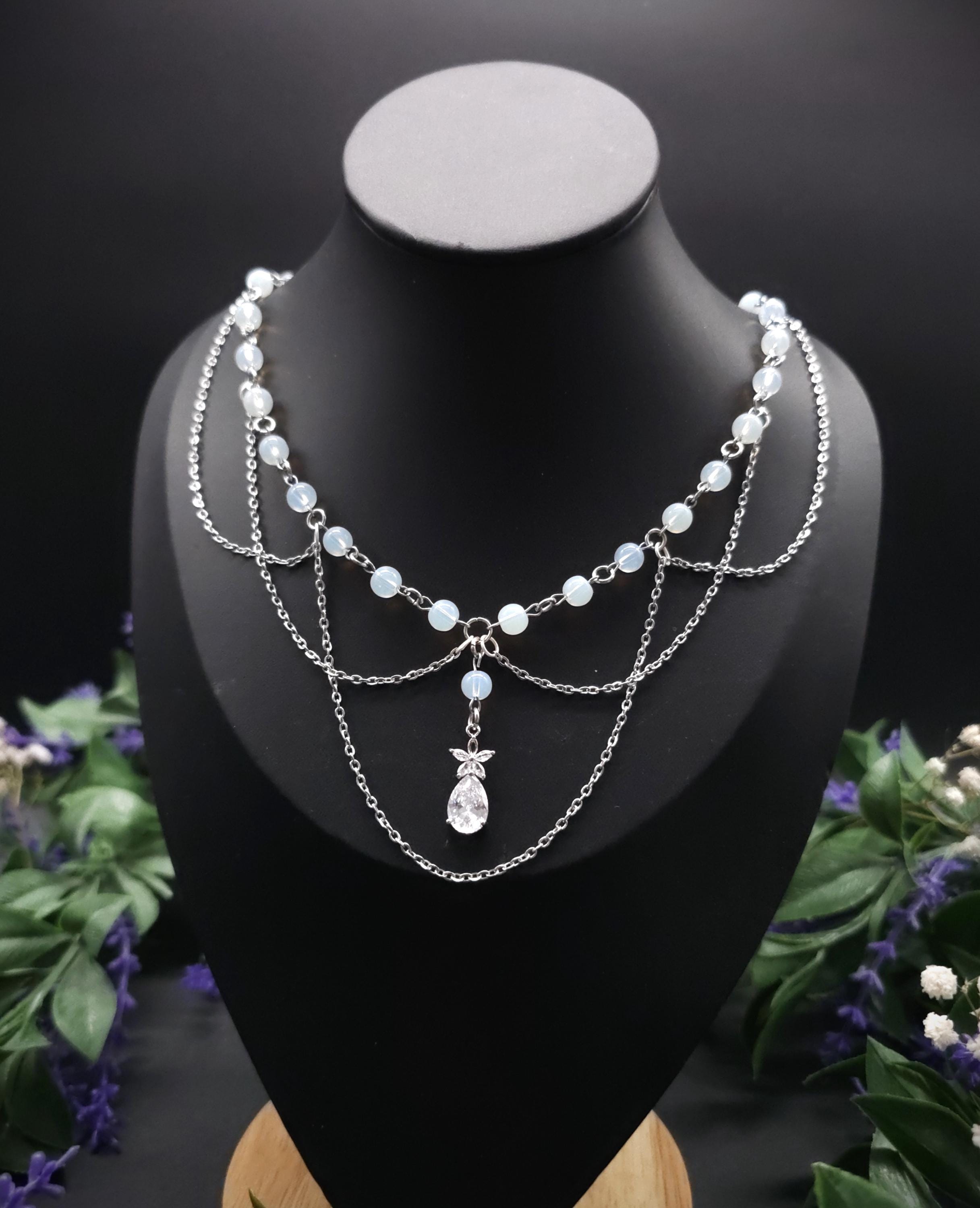 Opalith Perlen Halskette ~ Zirkonia Collier ~ Braut Schmuck ~ Celestial Kette ~ Größenverstellbar