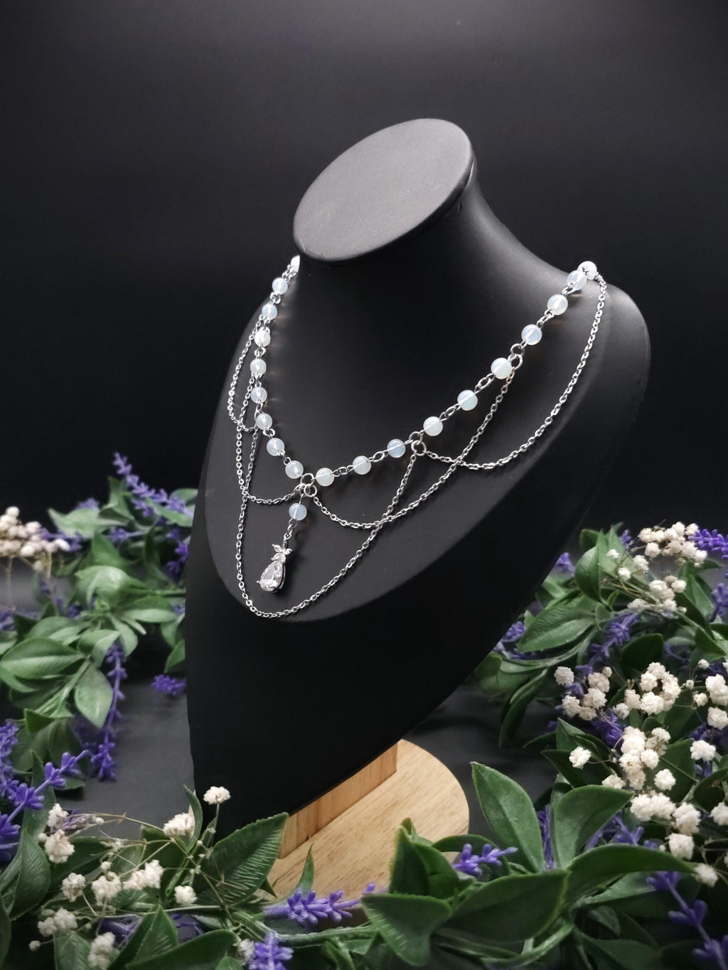 Opalith Perlen Halskette ~ Zirkonia Collier ~ Braut Schmuck ~ Celestial Kette ~ Größenverstellbar