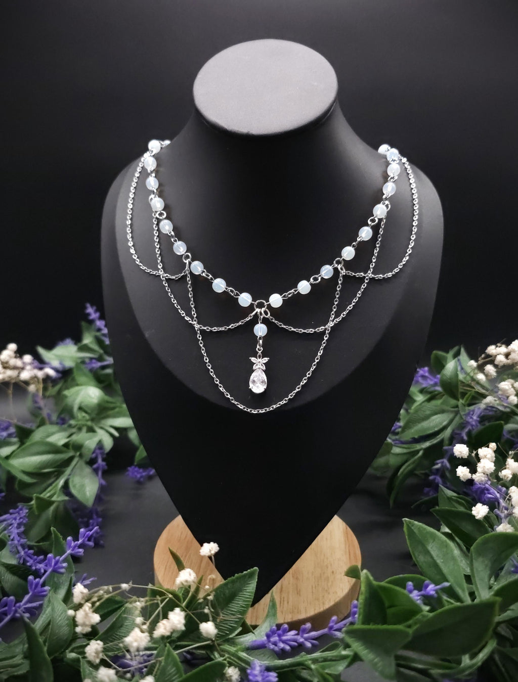 Opalith Perlen Halskette ~ Zirkonia Collier ~ Braut Schmuck ~ Celestial Kette ~ Größenverstellbar