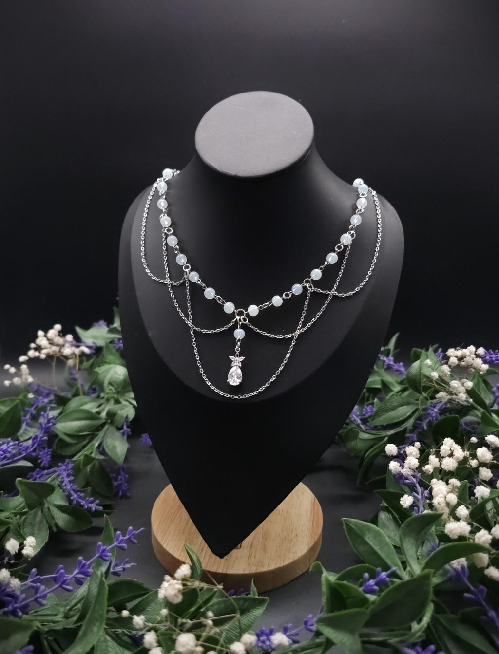 Opalith Perlen Halskette ~ Zirkonia Collier ~ Braut Schmuck ~ Celestial Kette ~ Größenverstellbar
