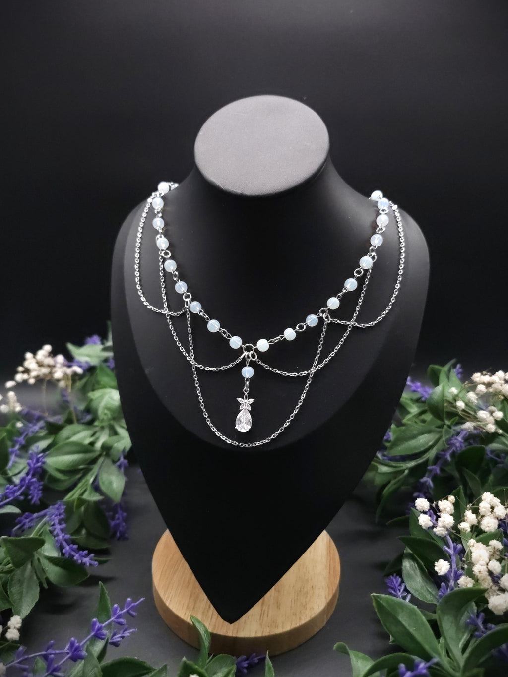 Opalith Perlen Halskette ~ Zirkonia Collier ~ Braut Schmuck ~ Celestial Kette ~ Größenverstellbar