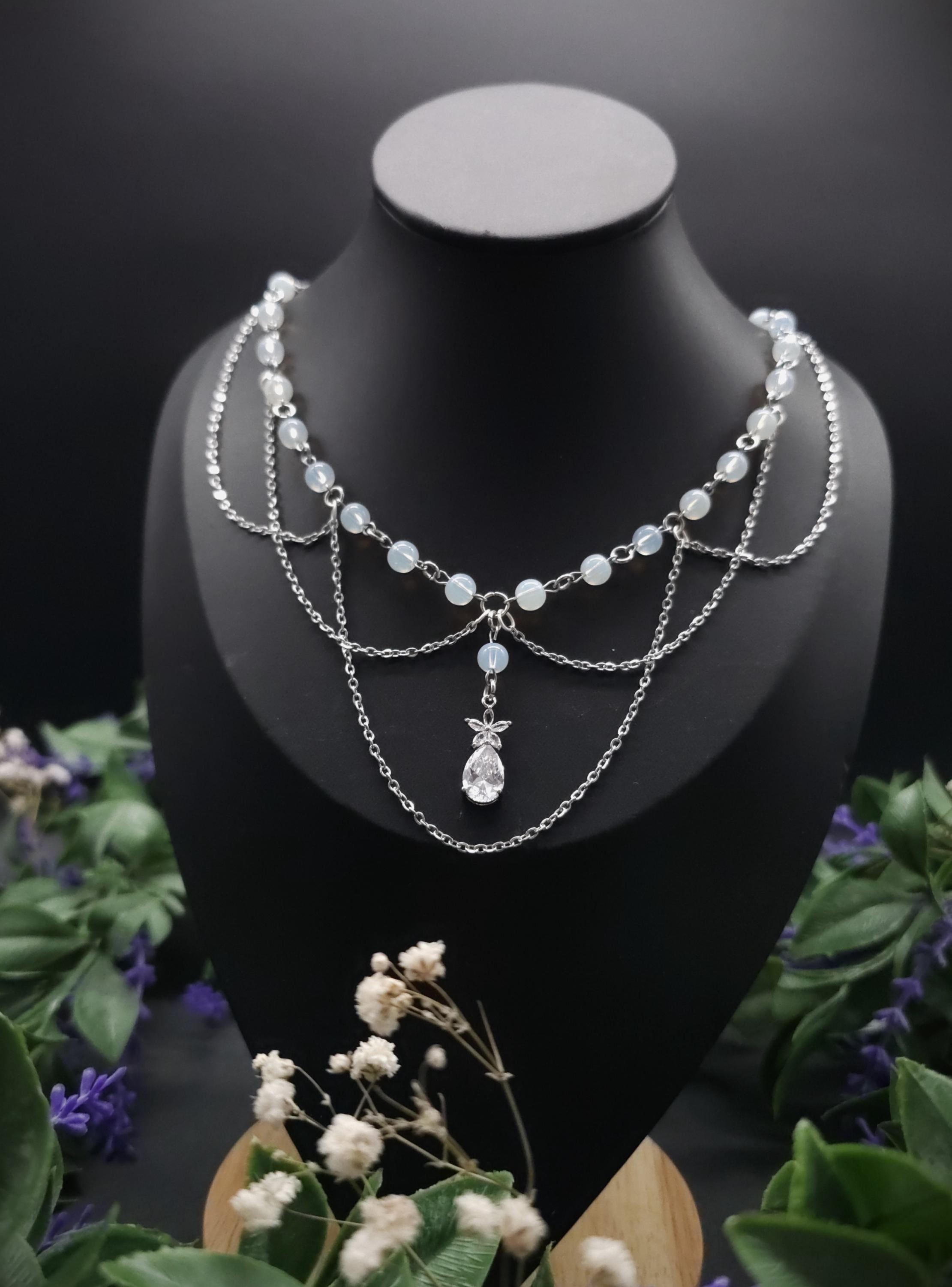 Opalith Perlen Halskette ~ Zirkonia Collier ~ Braut Schmuck ~ Celestial Kette ~ Größenverstellbar