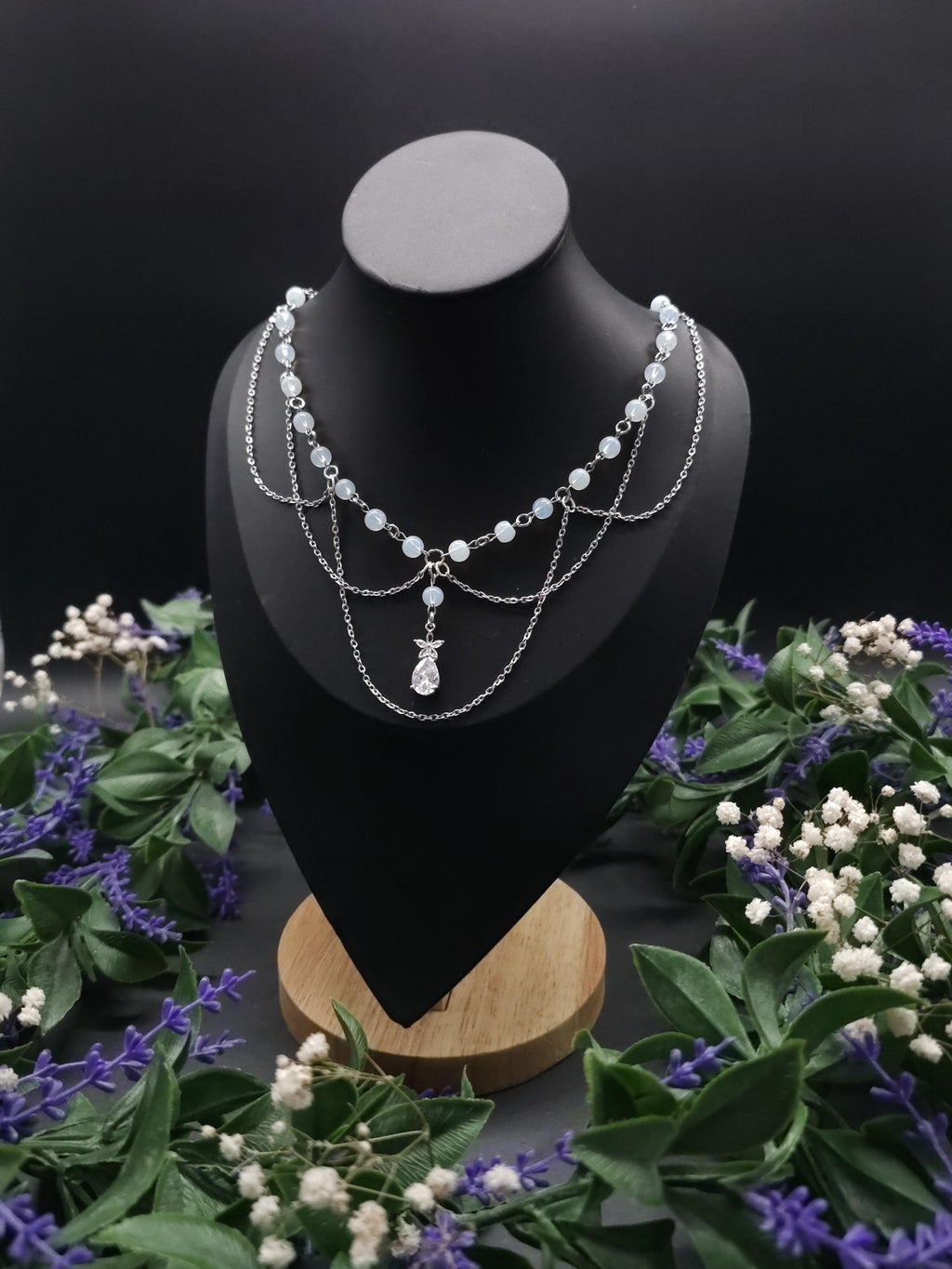 Opalith Perlen Halskette ~ Zirkonia Collier ~ Braut Schmuck ~ Celestial Kette ~ Größenverstellbar