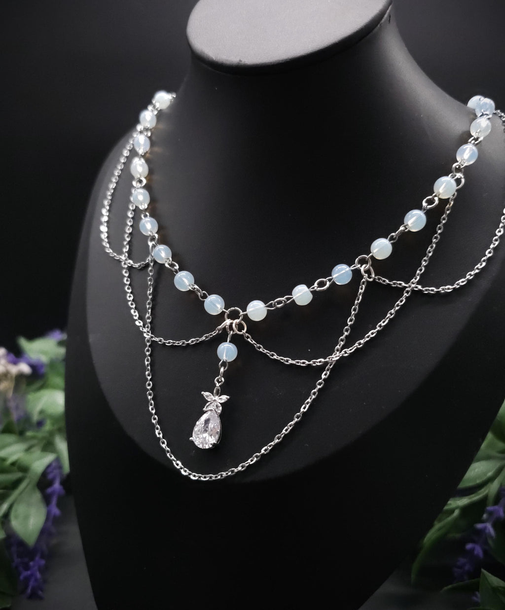 Opalith Perlen Halskette ~ Zirkonia Collier ~ Braut Schmuck ~ Celestial Kette ~ Größenverstellbar