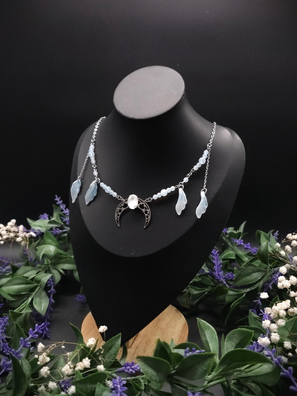 Edelstahl Mond Halskette ~ Opalith Perlen Collier ~ Elfen Fantasy Schmuck ~ Halbmond Kopfschmuck ~ Größenverstellbar