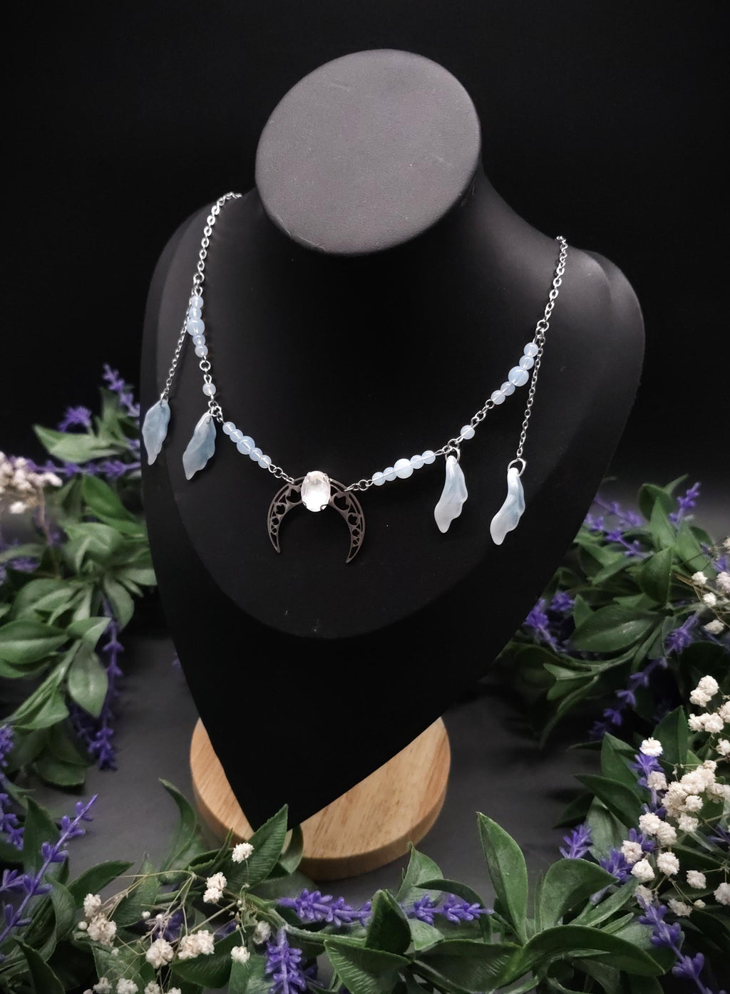 Edelstahl Mond Halskette ~ Opalith Perlen Collier ~ Elfen Fantasy Schmuck ~ Halbmond Kopfschmuck ~ Größenverstellbar