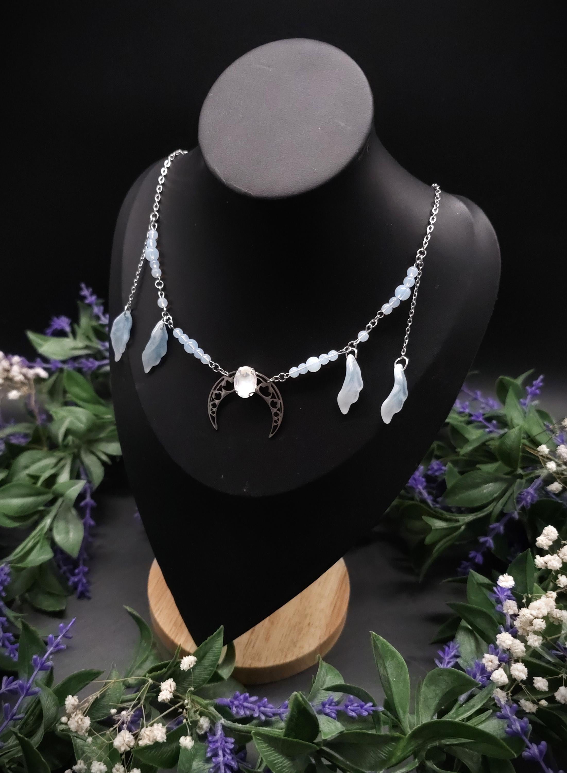 Edelstahl Mond Halskette ~ Opalith Perlen Collier ~ Elfen Fantasy Schmuck ~ Halbmond Kopfschmuck ~ Größenverstellbar
