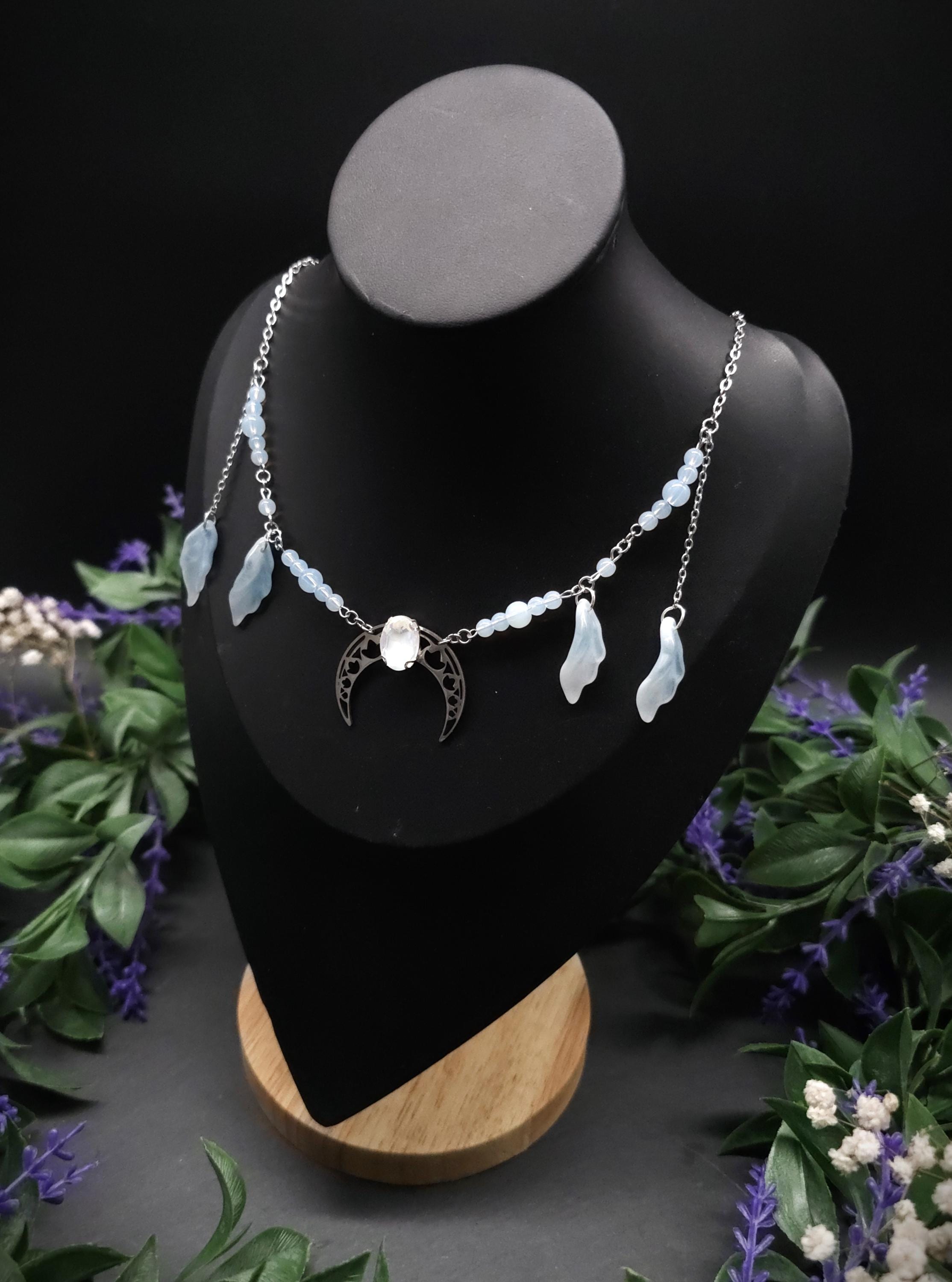 Edelstahl Mond Halskette ~ Opalith Perlen Collier ~ Elfen Fantasy Schmuck ~ Halbmond Kopfschmuck ~ Größenverstellbar