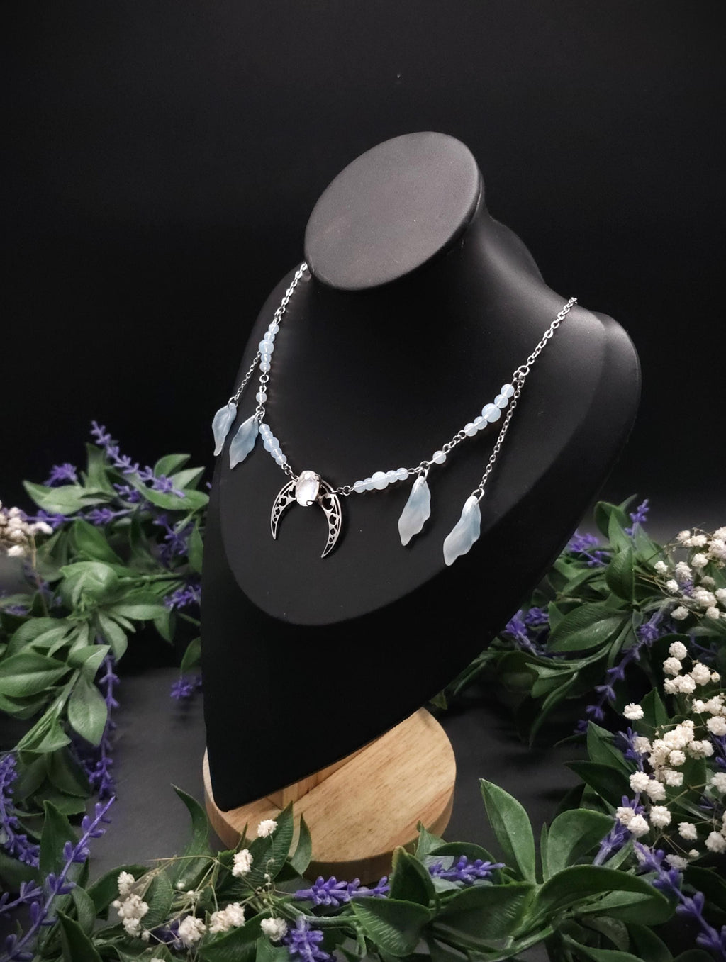 Edelstahl Mond Halskette ~ Opalith Perlen Collier ~ Elfen Fantasy Schmuck ~ Halbmond Kopfschmuck ~ Größenverstellbar