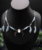 Edelstahl Mond Halskette ~ Opalith Perlen Collier ~ Elfen Fantasy Schmuck ~ Halbmond Kopfschmuck ~ Größenverstellbar