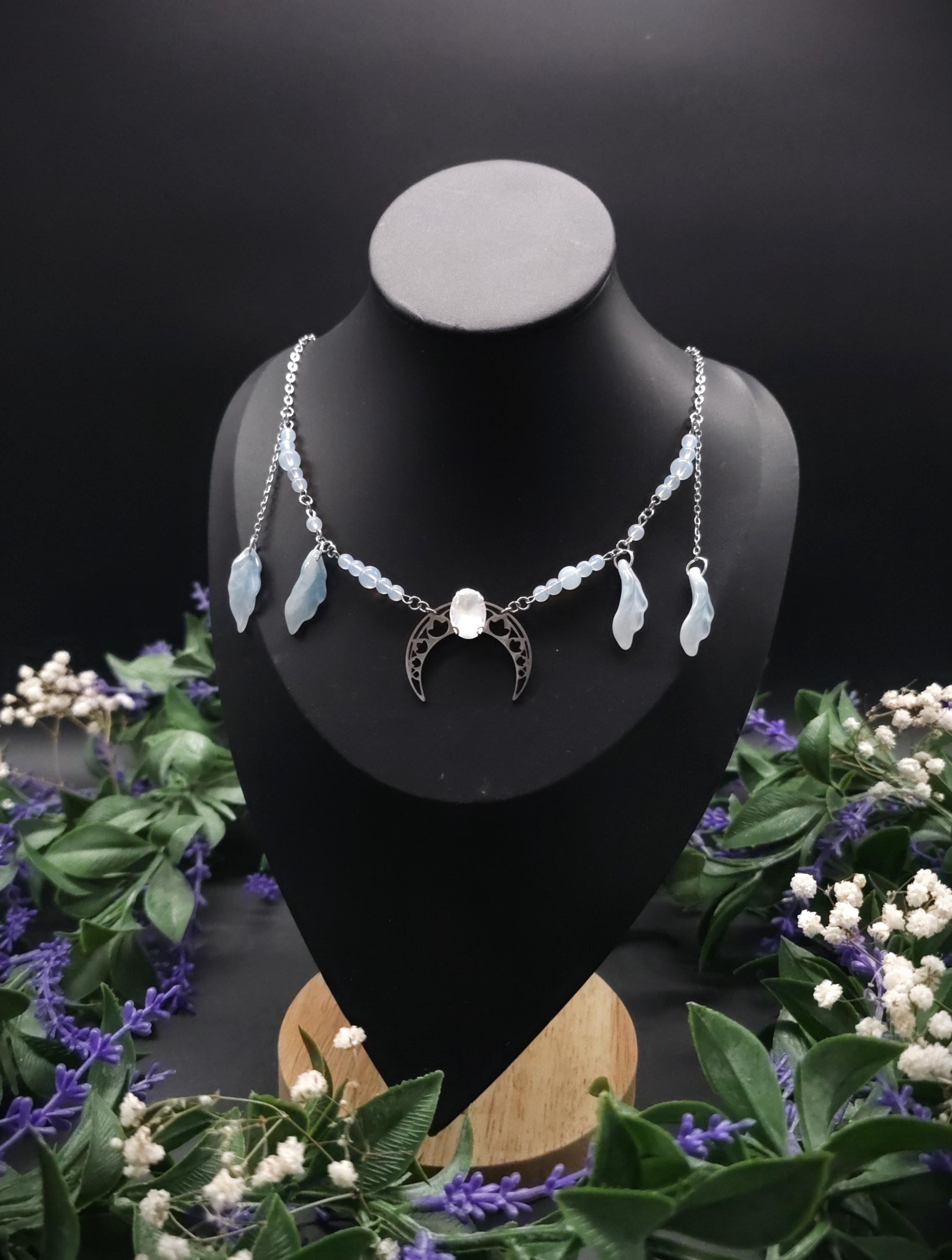 Edelstahl Mond Halskette ~ Opalith Perlen Collier ~ Elfen Fantasy Schmuck ~ Halbmond Kopfschmuck ~ Größenverstellbar
