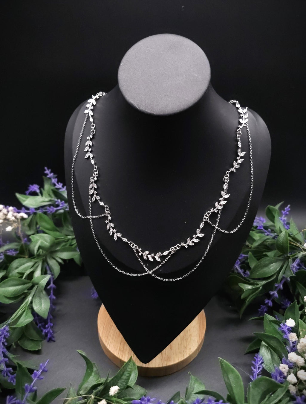 Braut Halskette mit Zirkonia ~ Größenverstellbares Collier aus Edelstahl ~ filigrane Zweige ~ Fantasy Schmuck