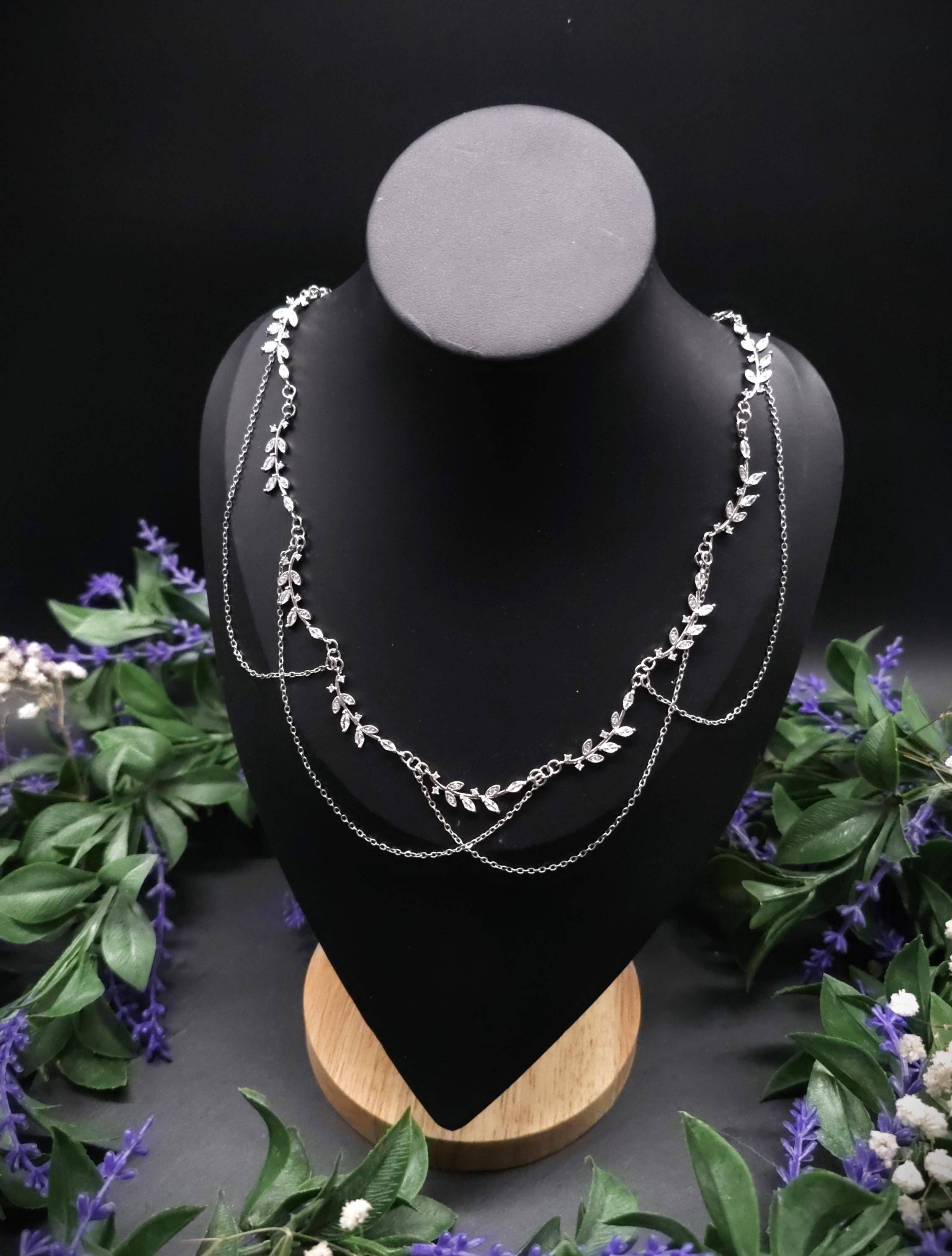 Braut Halskette mit Zirkonia ~ Größenverstellbares Collier aus Edelstahl ~ filigrane Zweige ~ Fantasy Schmuck