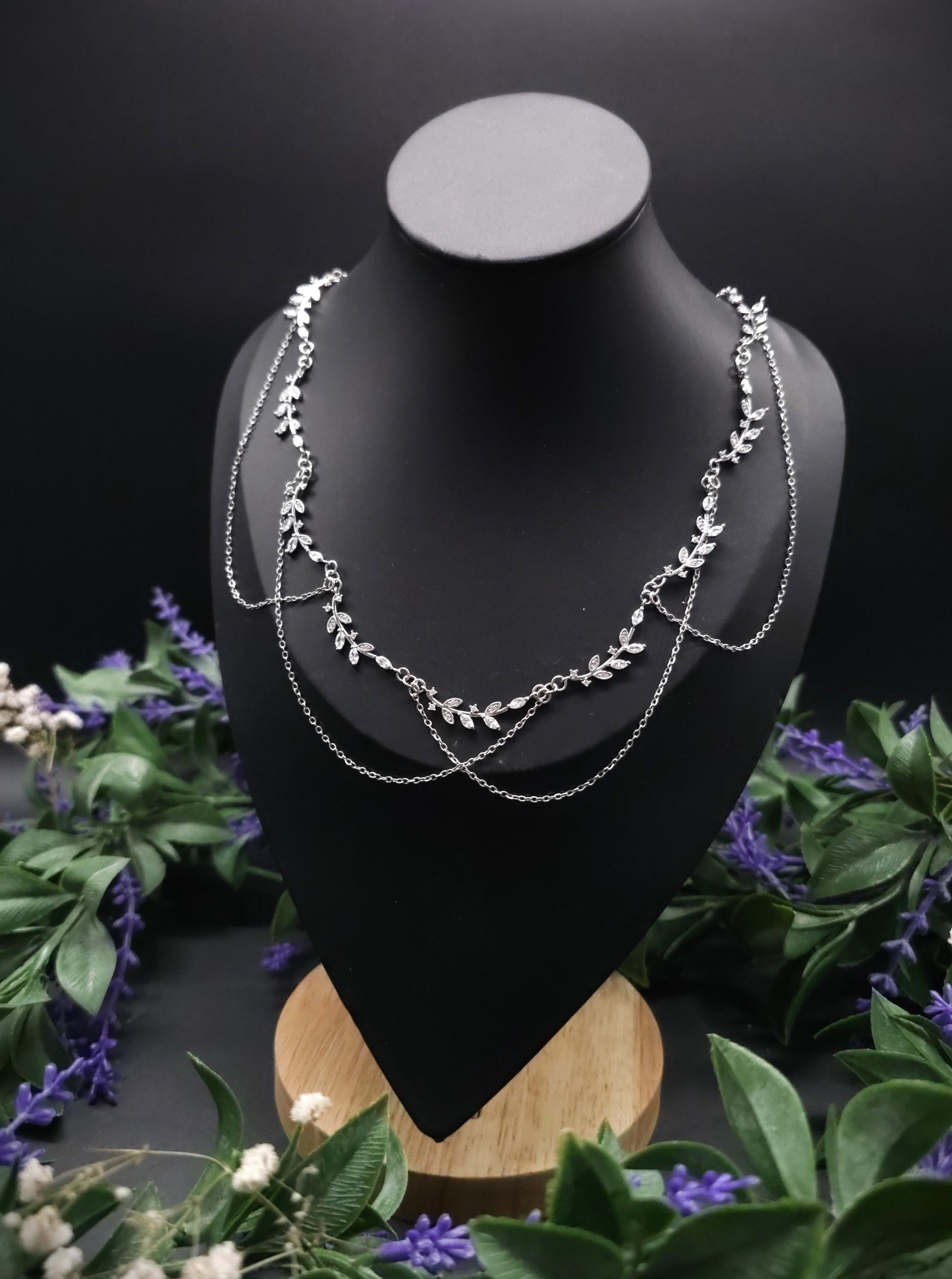 Braut Halskette mit Zirkonia ~ Größenverstellbares Collier aus Edelstahl ~ filigrane Zweige ~ Fantasy Schmuck