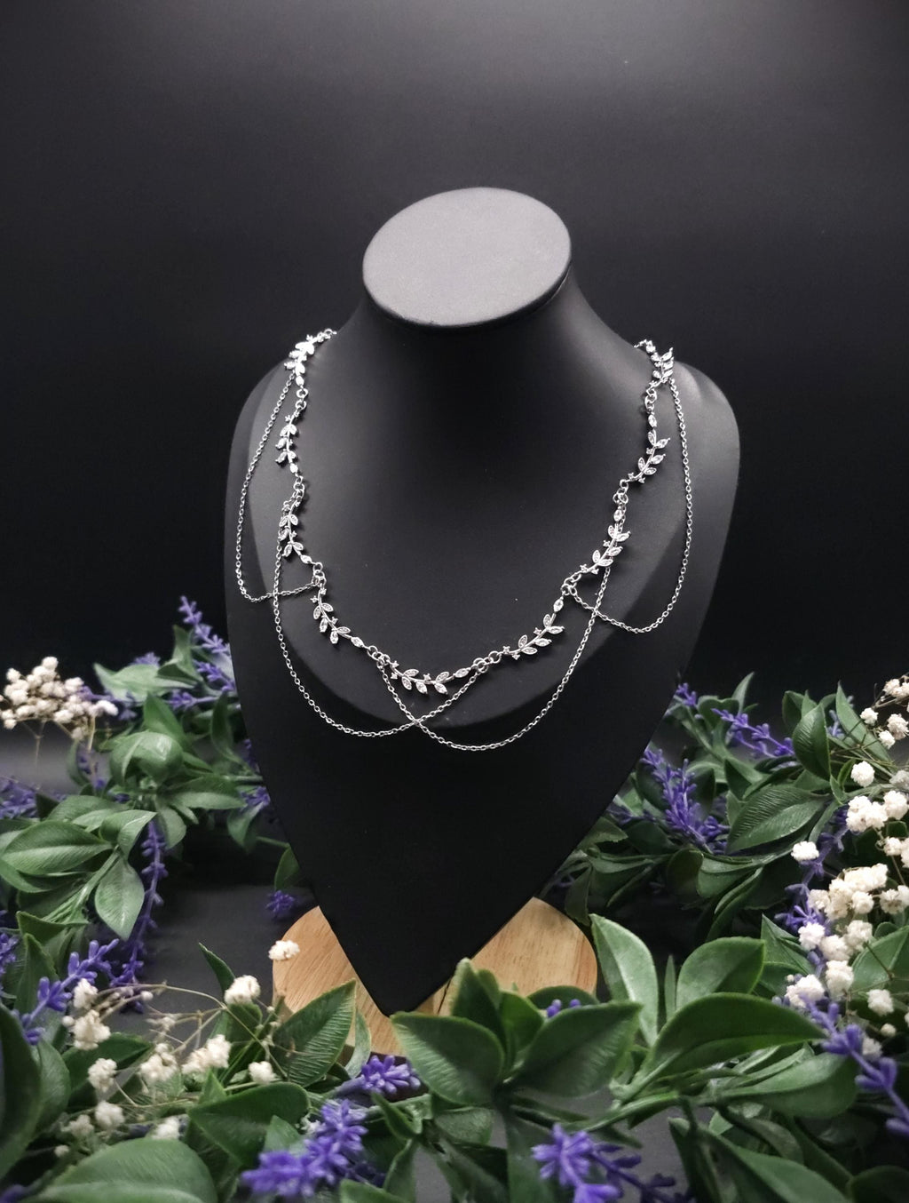 Braut Halskette mit Zirkonia ~ Größenverstellbares Collier aus Edelstahl ~ filigrane Zweige ~ Fantasy Schmuck