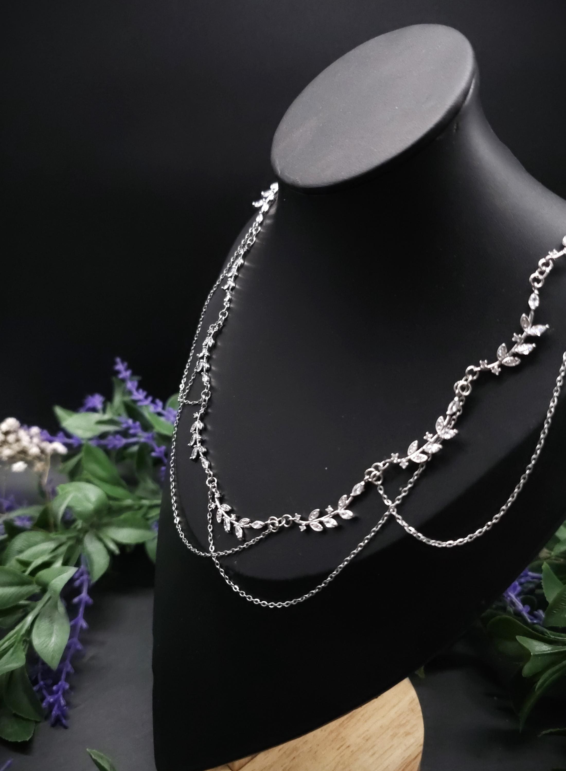 Braut Halskette mit Zirkonia ~ Größenverstellbares Collier aus Edelstahl ~ filigrane Zweige ~ Fantasy Schmuck