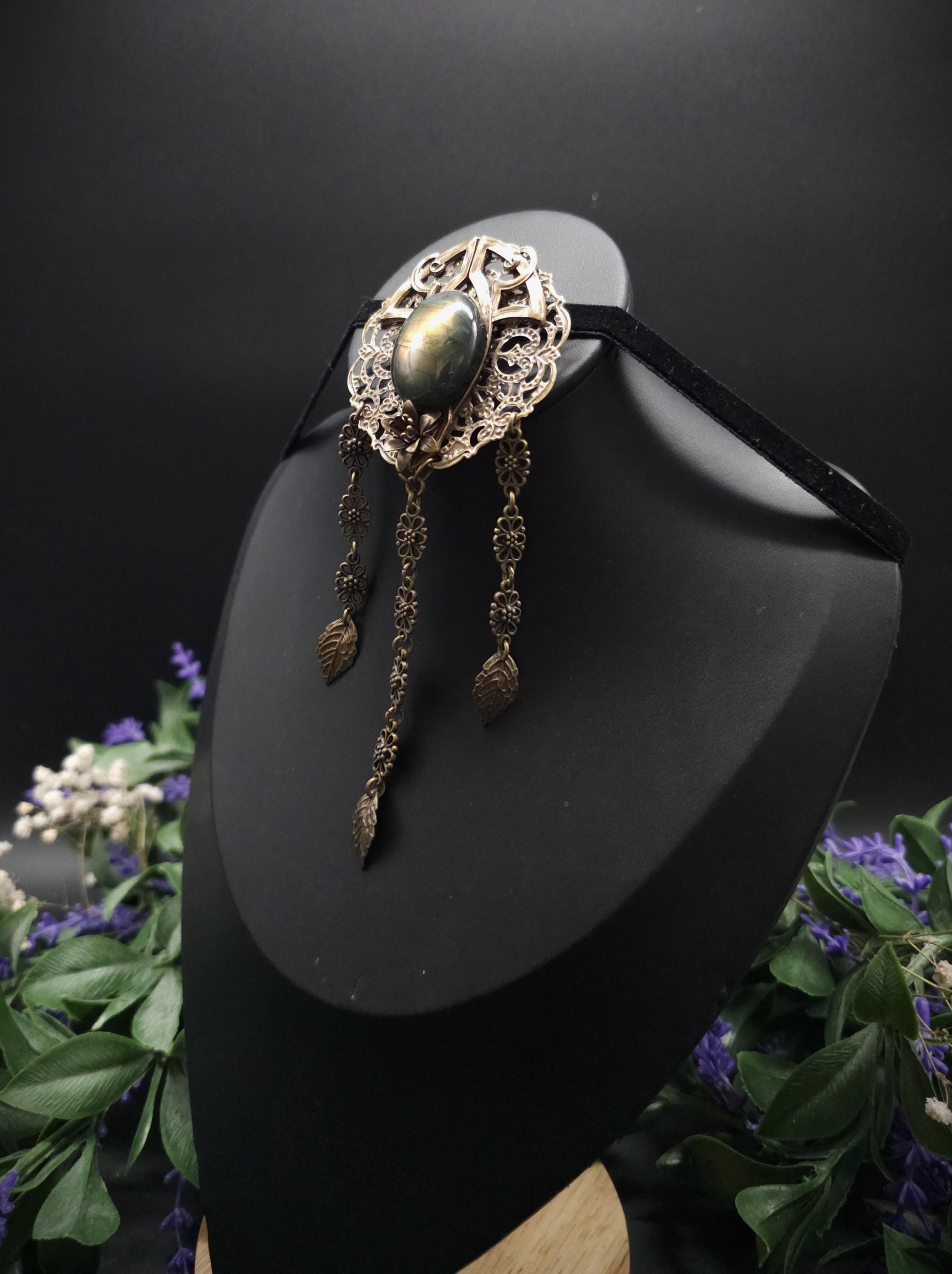 Bronzefarbene Fantasy Brosche ~ Handgefertigter Art Nouveau Pin mit Labradorit ~ Elbenschmuck ~ Elfen Accessoire