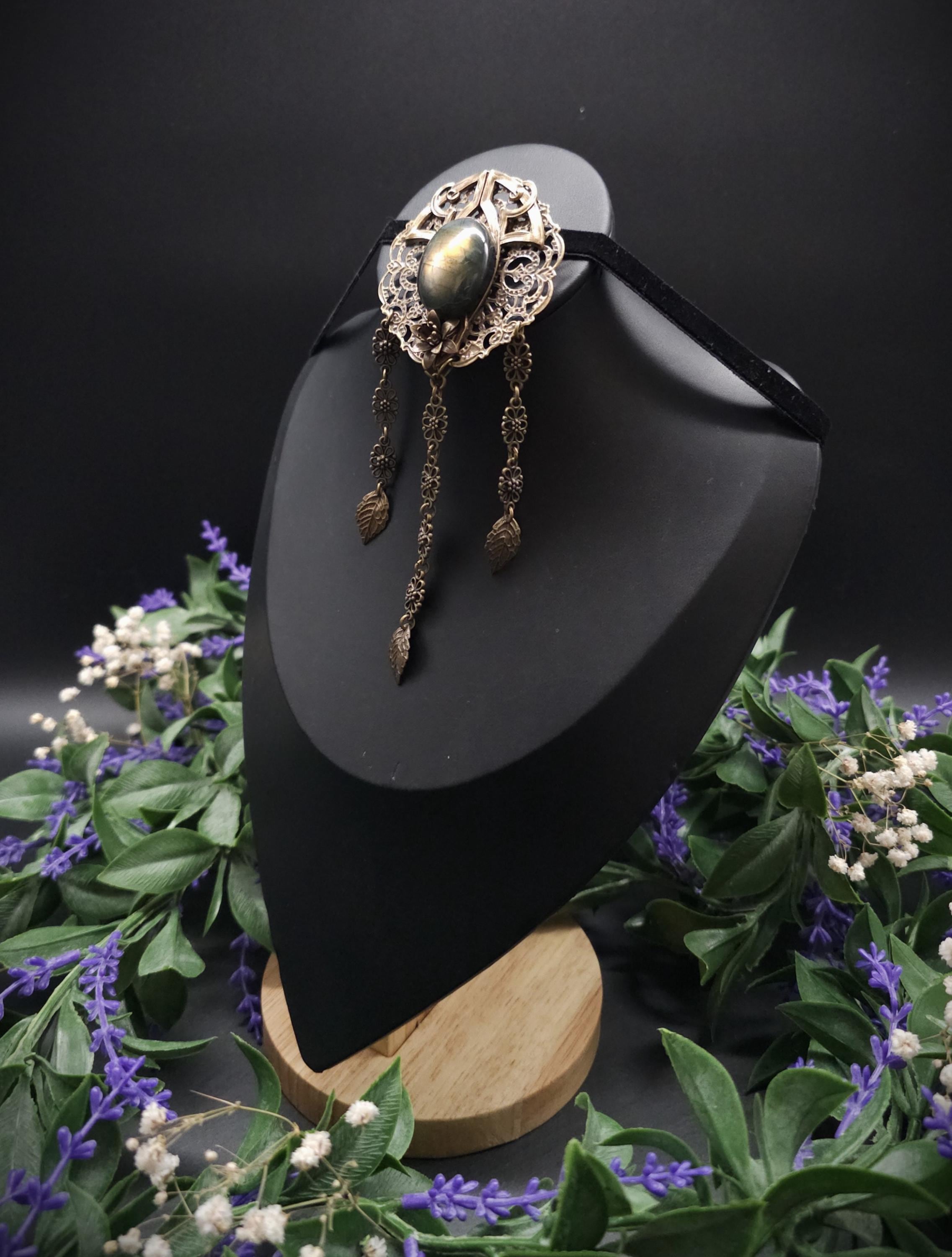 Bronzefarbene Fantasy Brosche ~ Handgefertigter Art Nouveau Pin mit Labradorit ~ Elbenschmuck ~ Elfen Accessoire