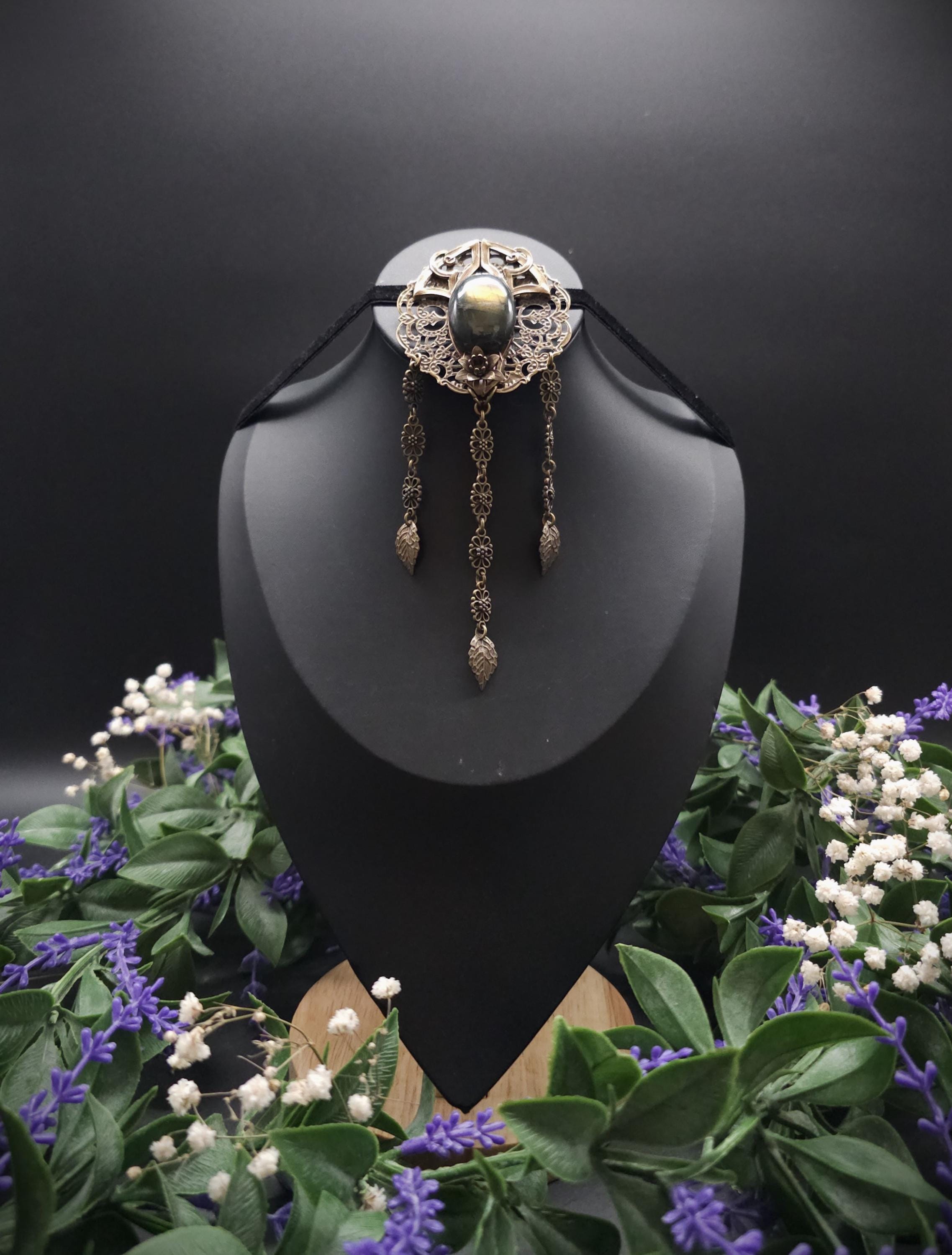 Bronzefarbene Fantasy Brosche ~ Handgefertigter Art Nouveau Pin mit Labradorit ~ Elbenschmuck ~ Elfen Accessoire