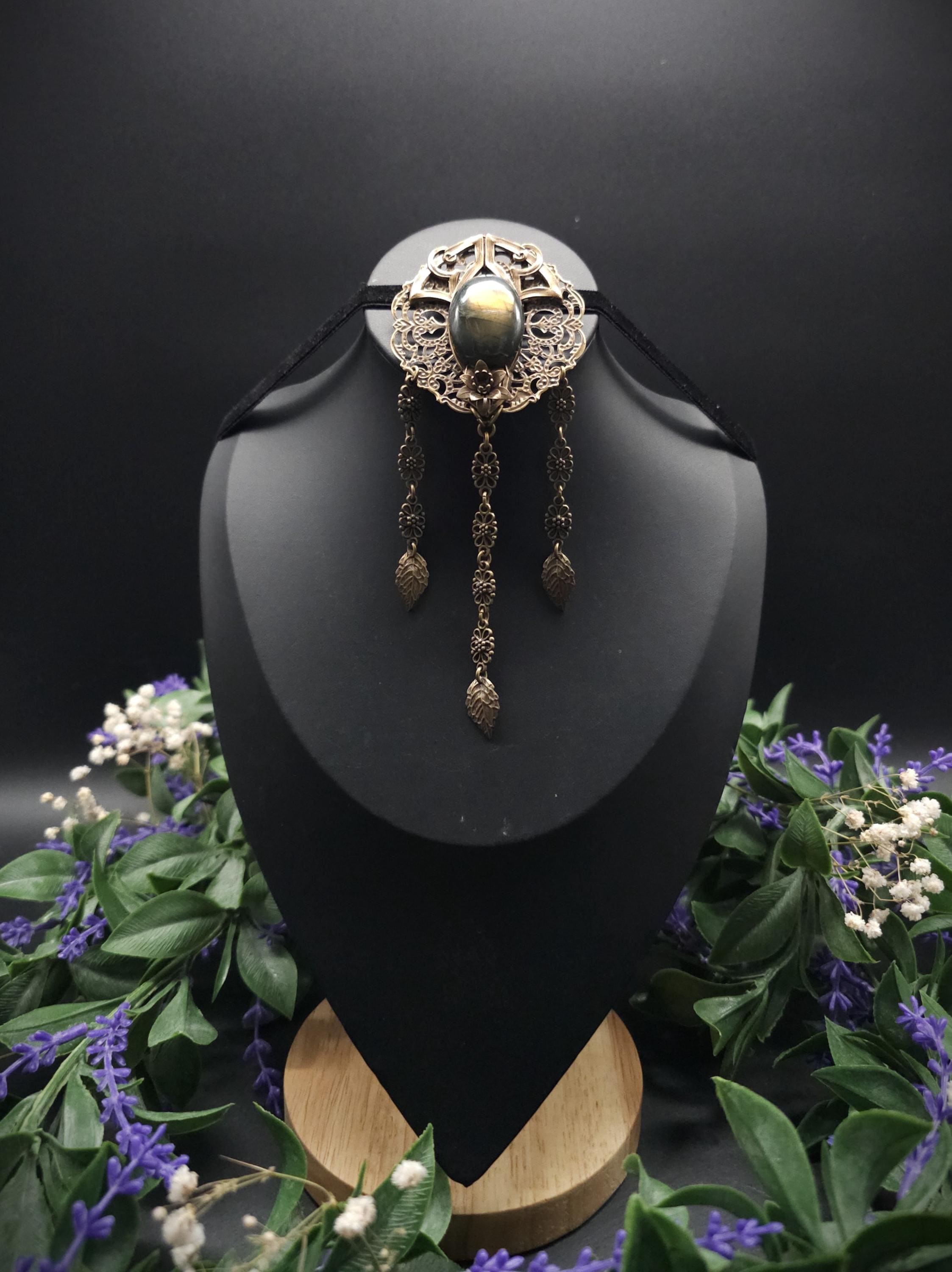 Bronzefarbene Fantasy Brosche ~ Handgefertigter Art Nouveau Pin mit Labradorit ~ Elbenschmuck ~ Elfen Accessoire