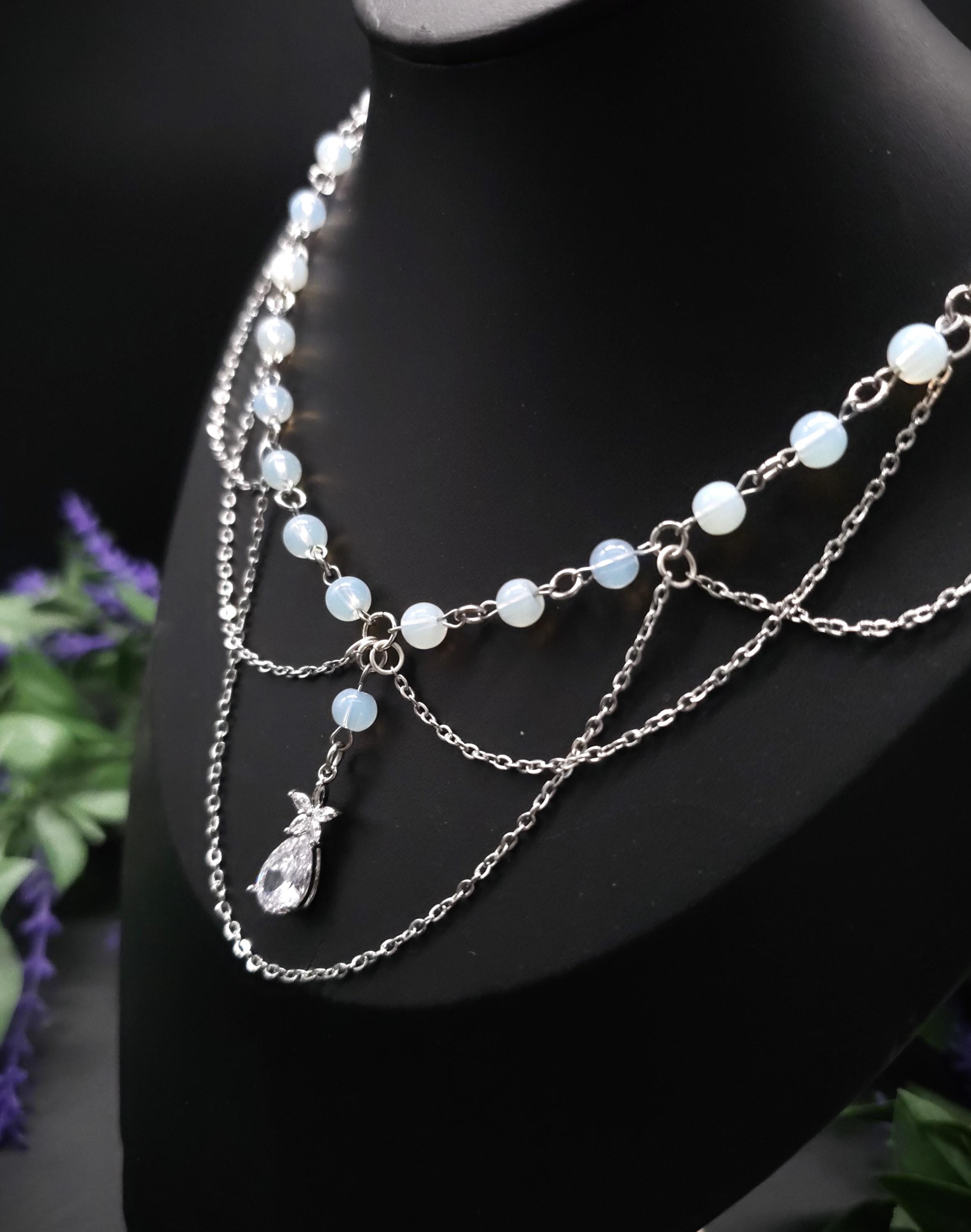 Opalith Perlen Halskette ~ Zirkonia Collier ~ Braut Schmuck ~ Celestial Kette ~ Größenverstellbar