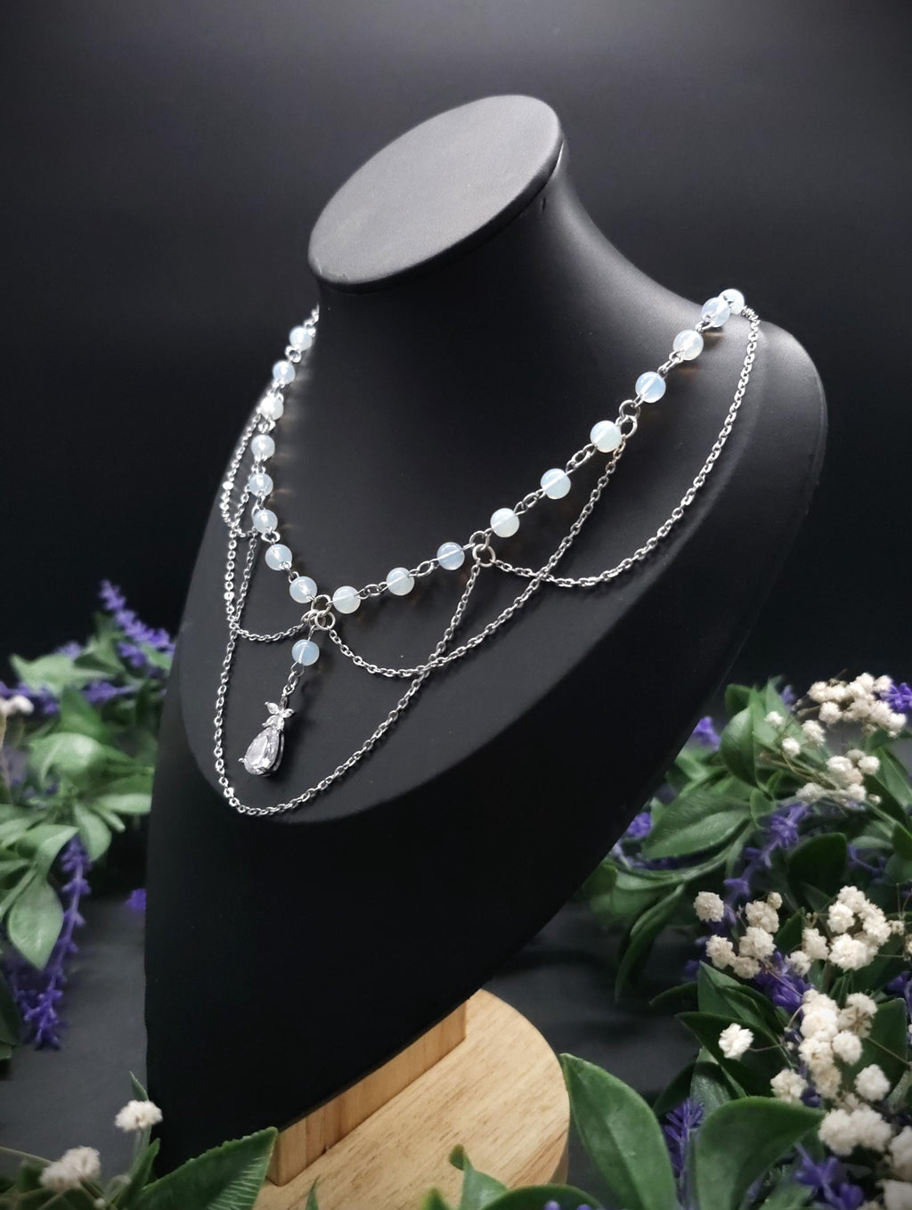 Opalith Perlen Halskette ~ Zirkonia Collier ~ Braut Schmuck ~ Celestial Kette ~ Größenverstellbar